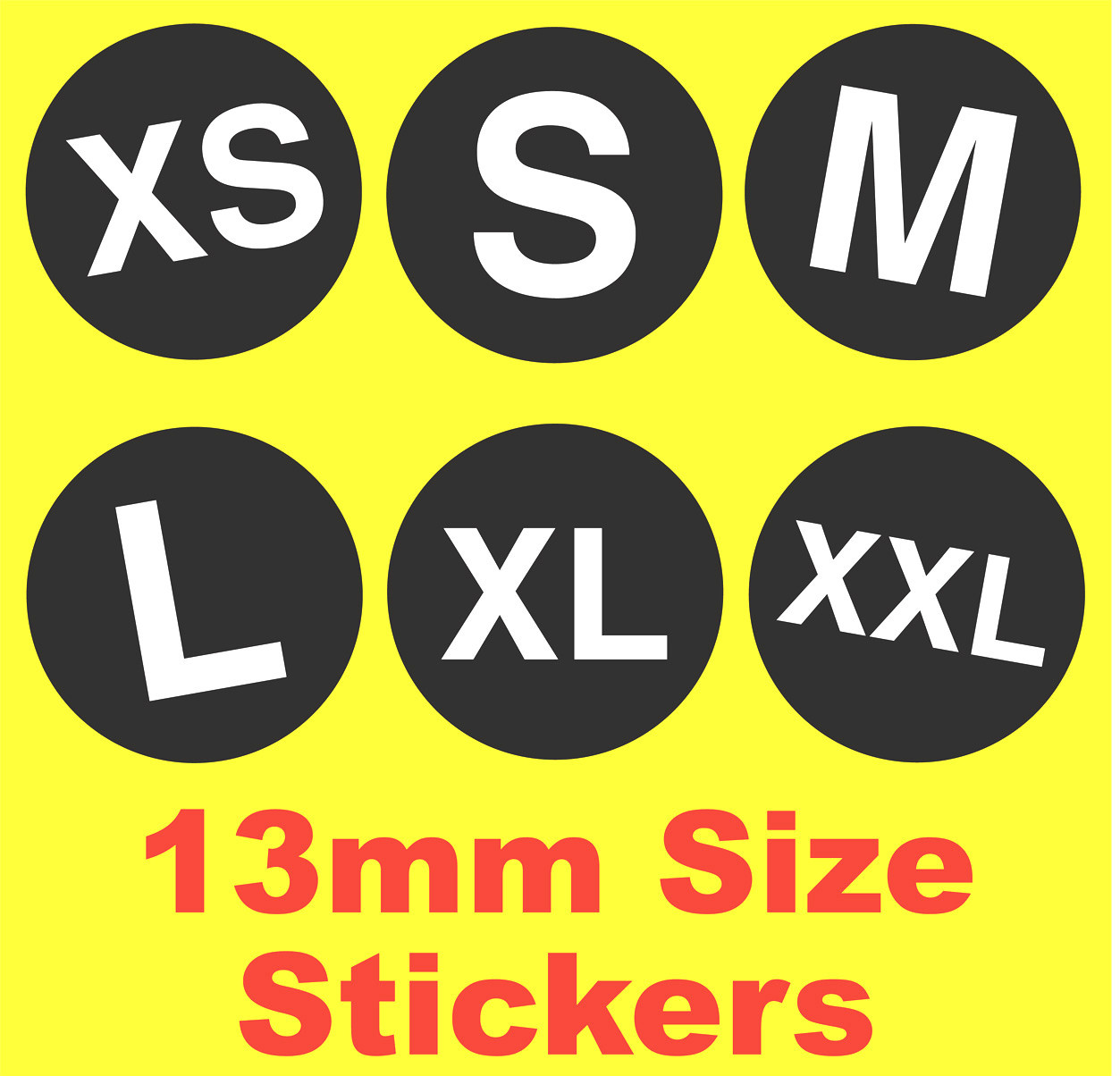 13mm Black Retail Size Stickers Sticky Labels XS S M L XL XXL Ideal For T-Shirts