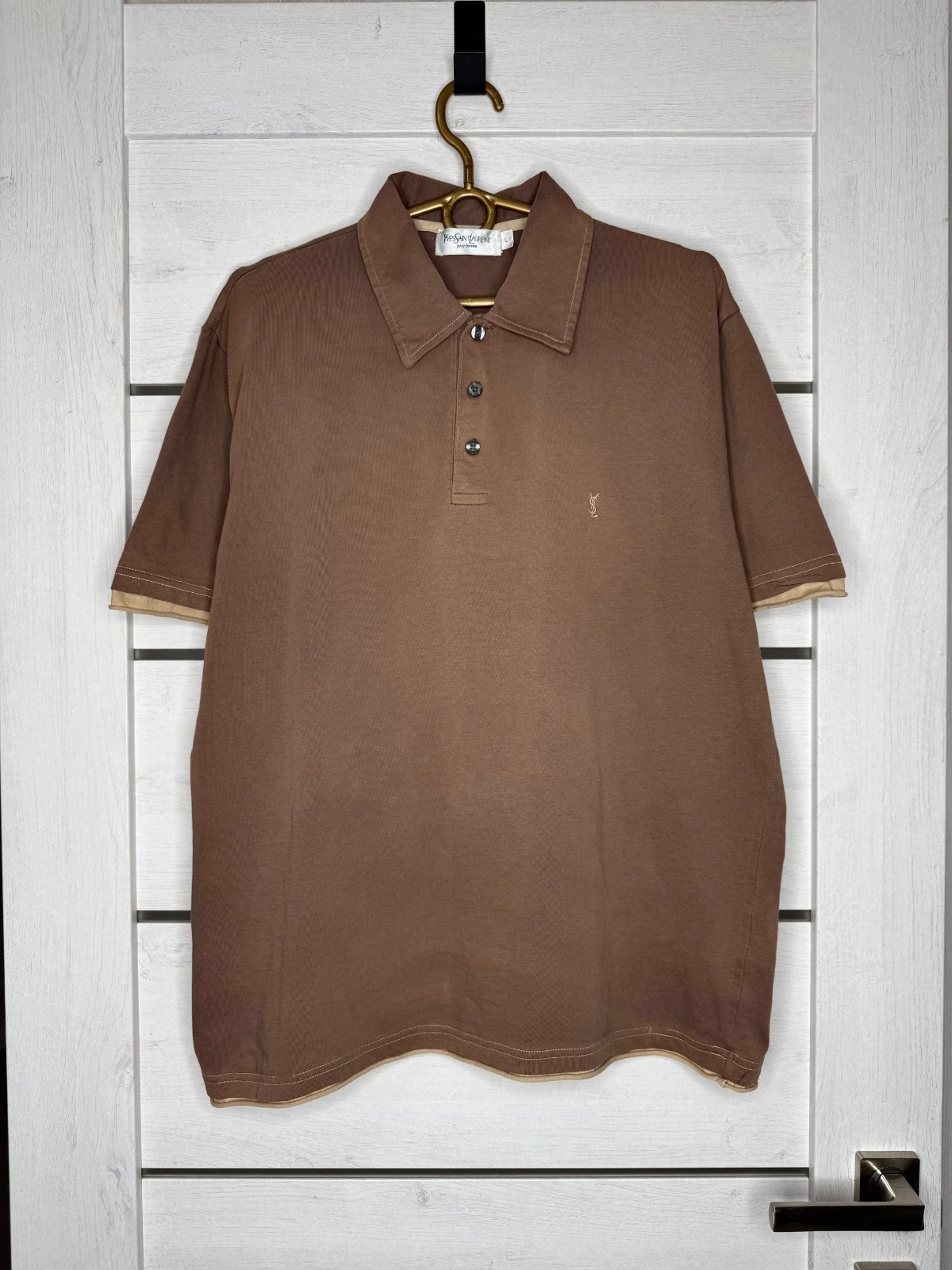 Vintage Yves Saint Laurent Pour Homme Polo Shirt Brown Size L YSL Embroidered