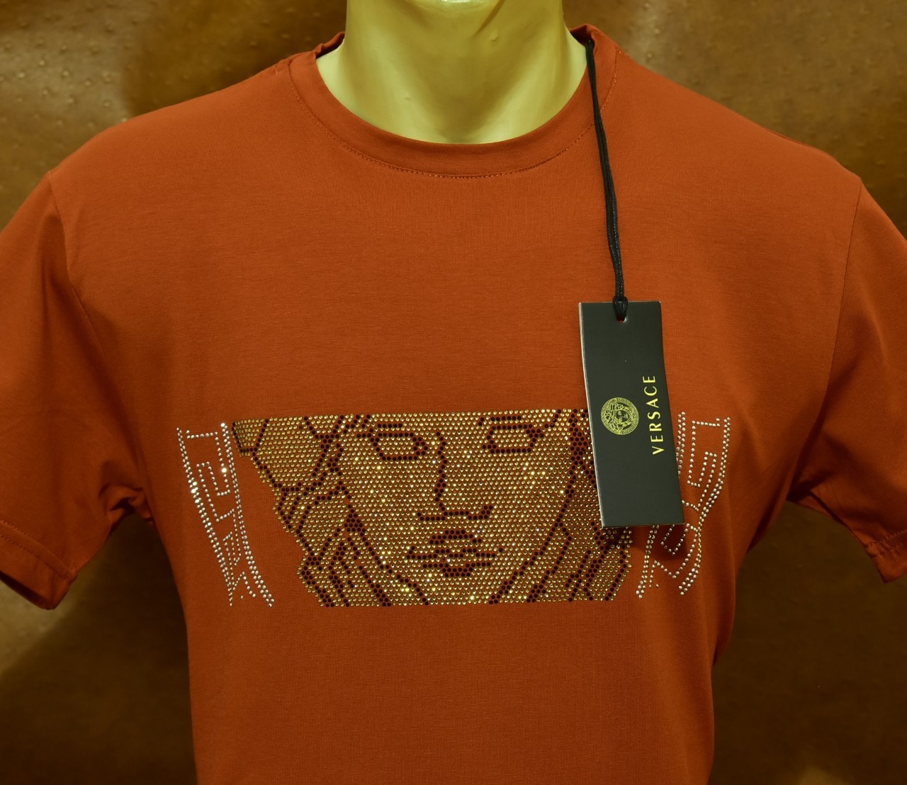 Men’s Versace Medusa Style Rhinestone T-Shirt Rust Luxury Designer US Size M