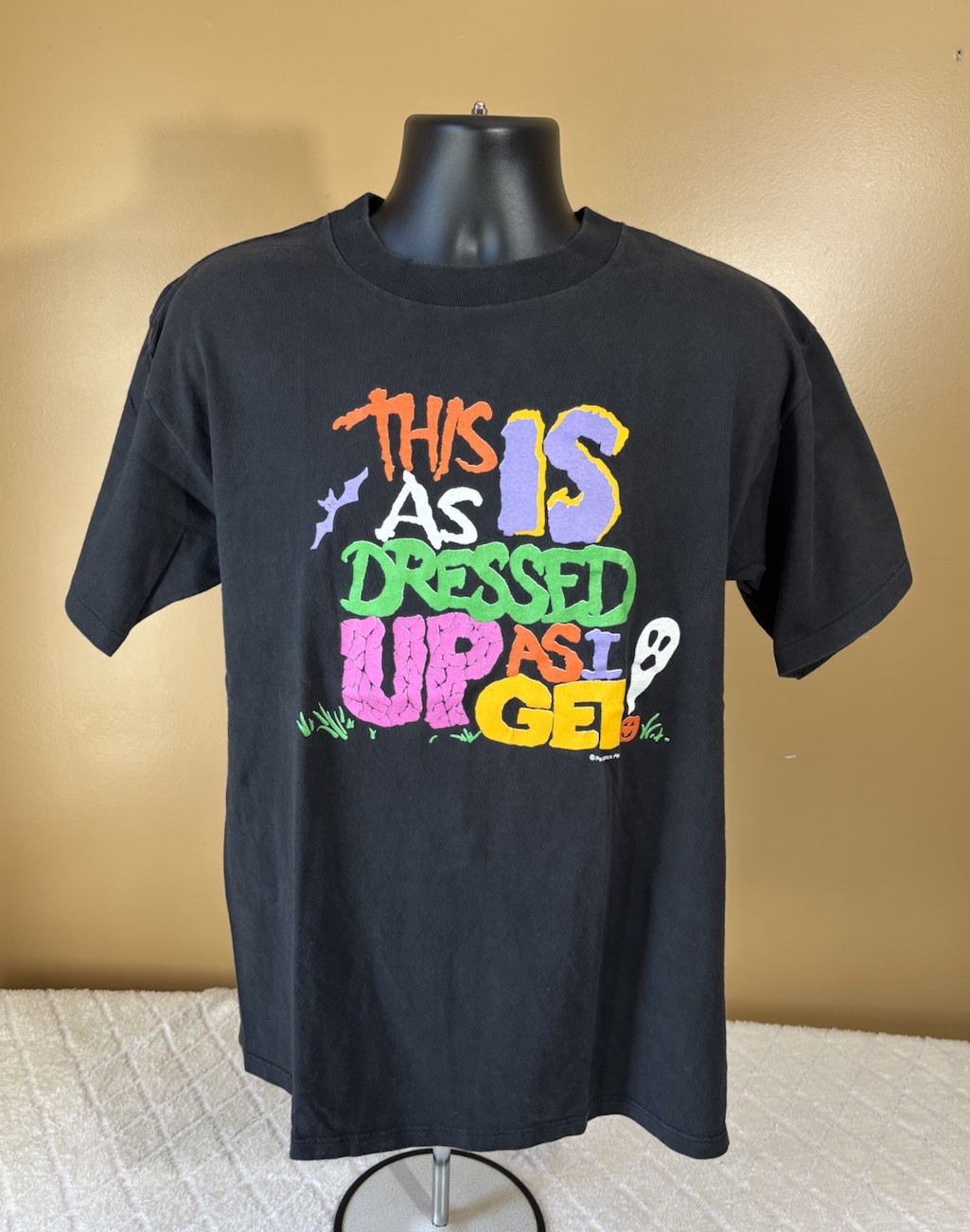 Vintage 90s Halloween Ghost USA Made Single Stitch Black Tee Men Size L Peacock