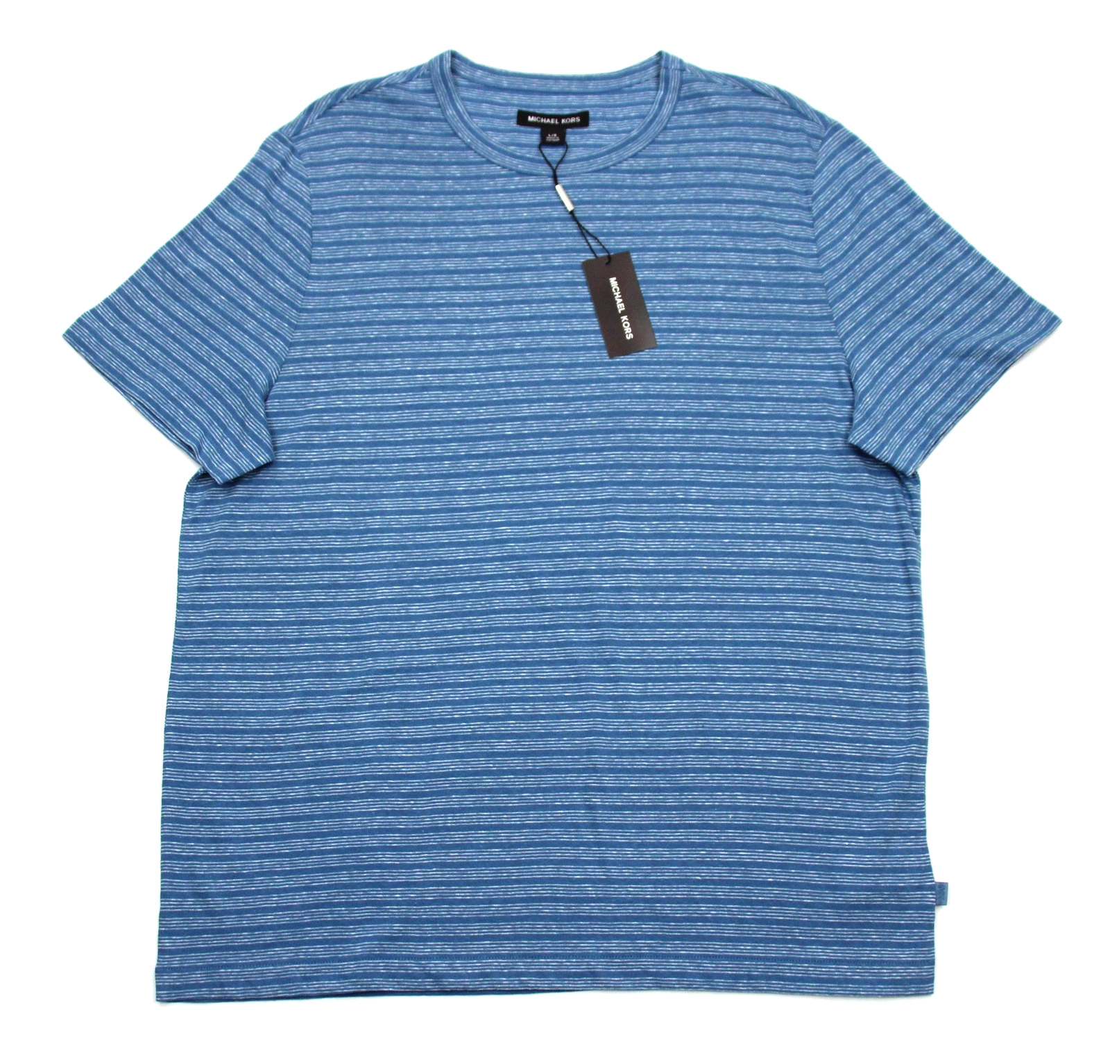 Michael Kors Shirt Mens Large Steel Blue Striped Linen Cotton Crew Neck Tee NWT