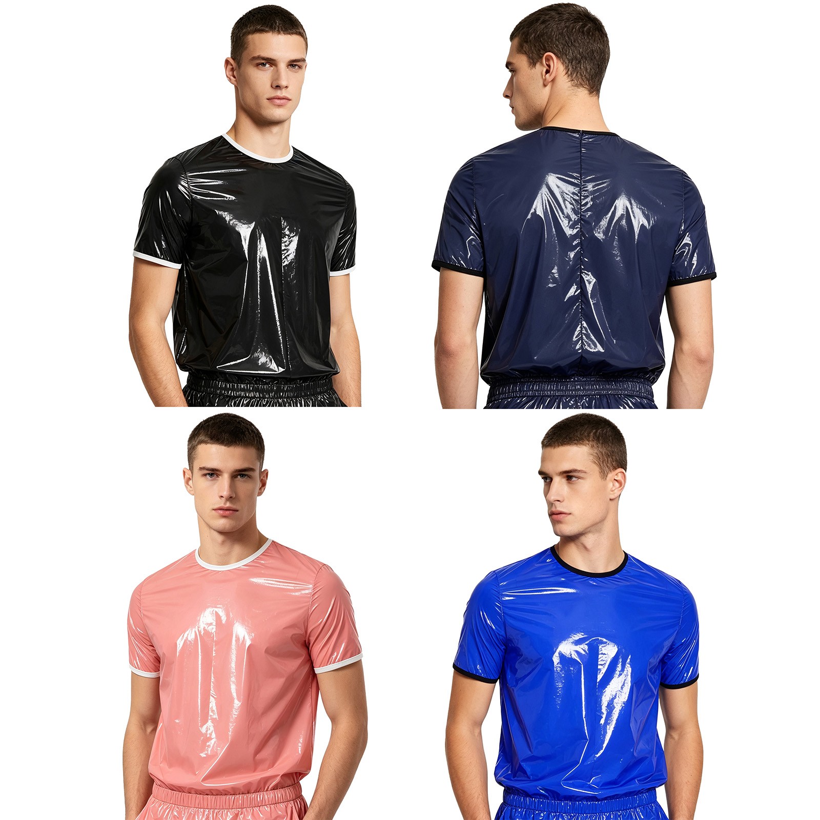 Men T-shirt Round Neck Top Workout Tops Short Sleeve Contrasting Exercise Trim