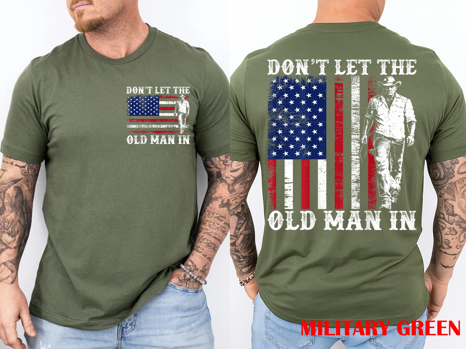(2-SIDE) Retro Don’t Let The Old Man in Cowboy US Flag for Men Women T-Shirt