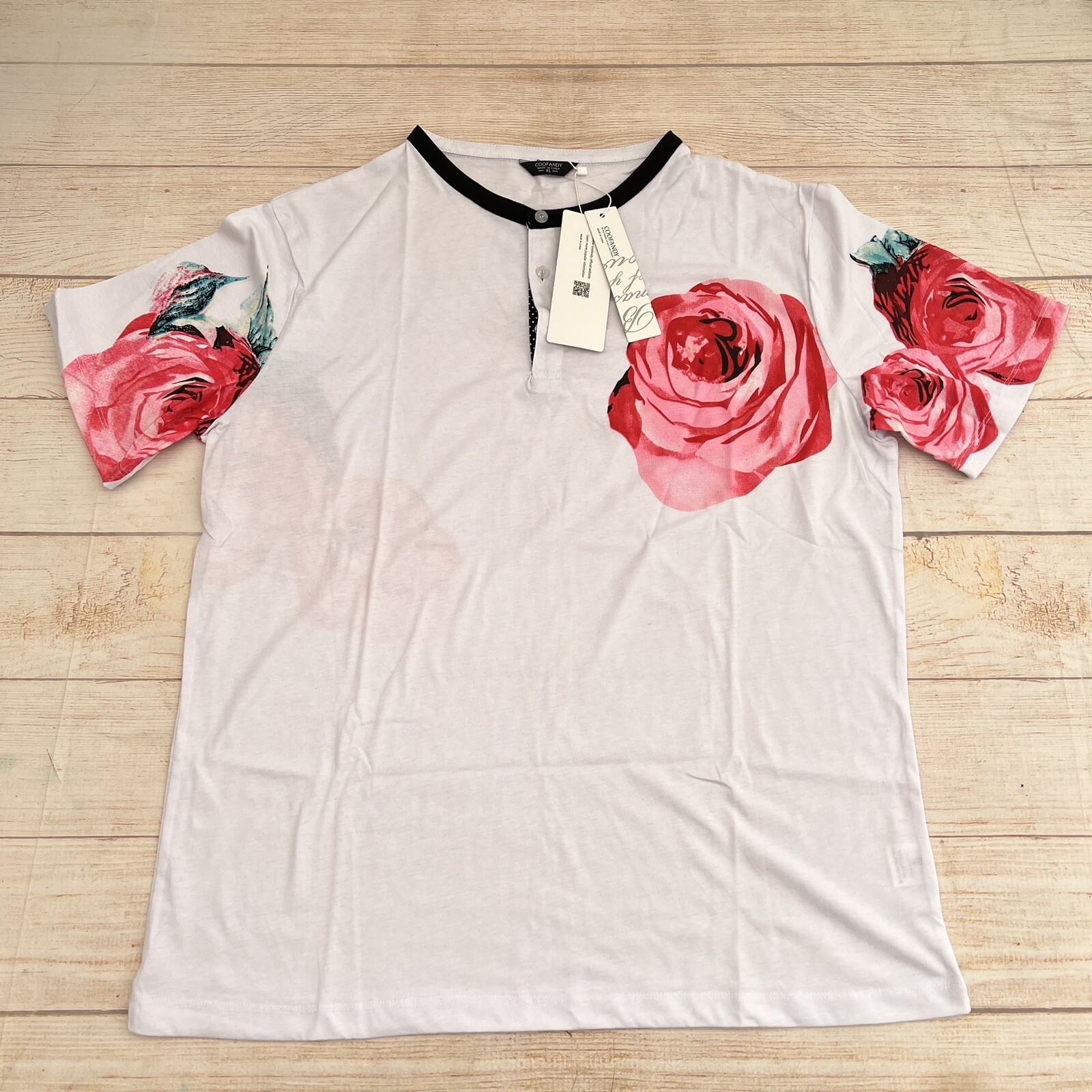 Coofandy Men’s Size M Floral Stretch Short Sleeve White T-Shirt Size XL