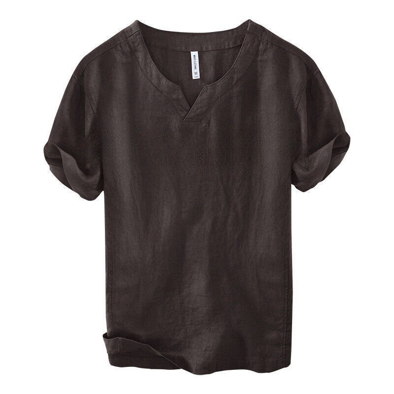 Men 100% Linen V Neck T-shirt Retro Summer Short Sleeves Tops Casual Undershirt