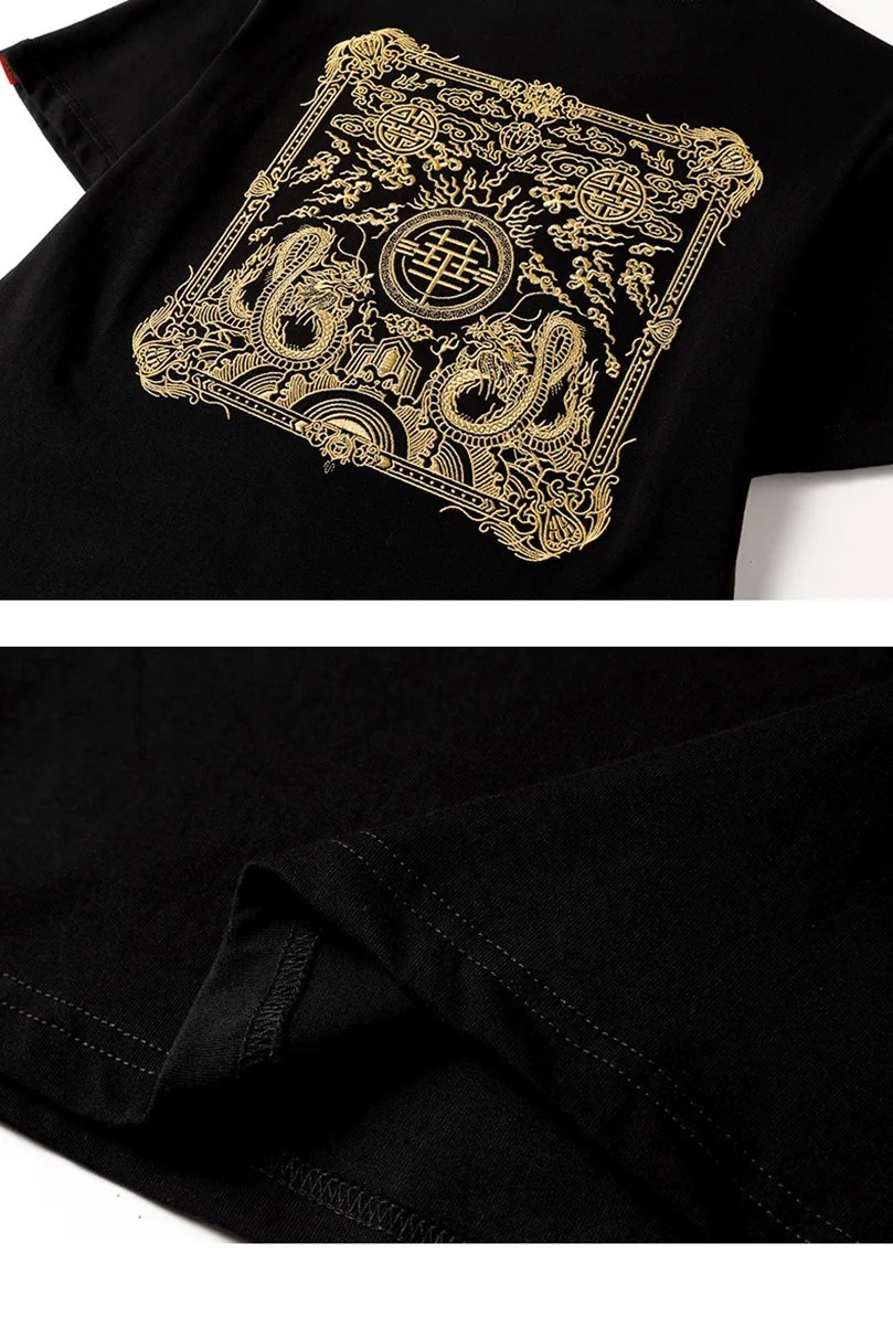Men Embroidered Dragon T Shirt Chinese Style Streetwear Crew Neck Summer Tee Top