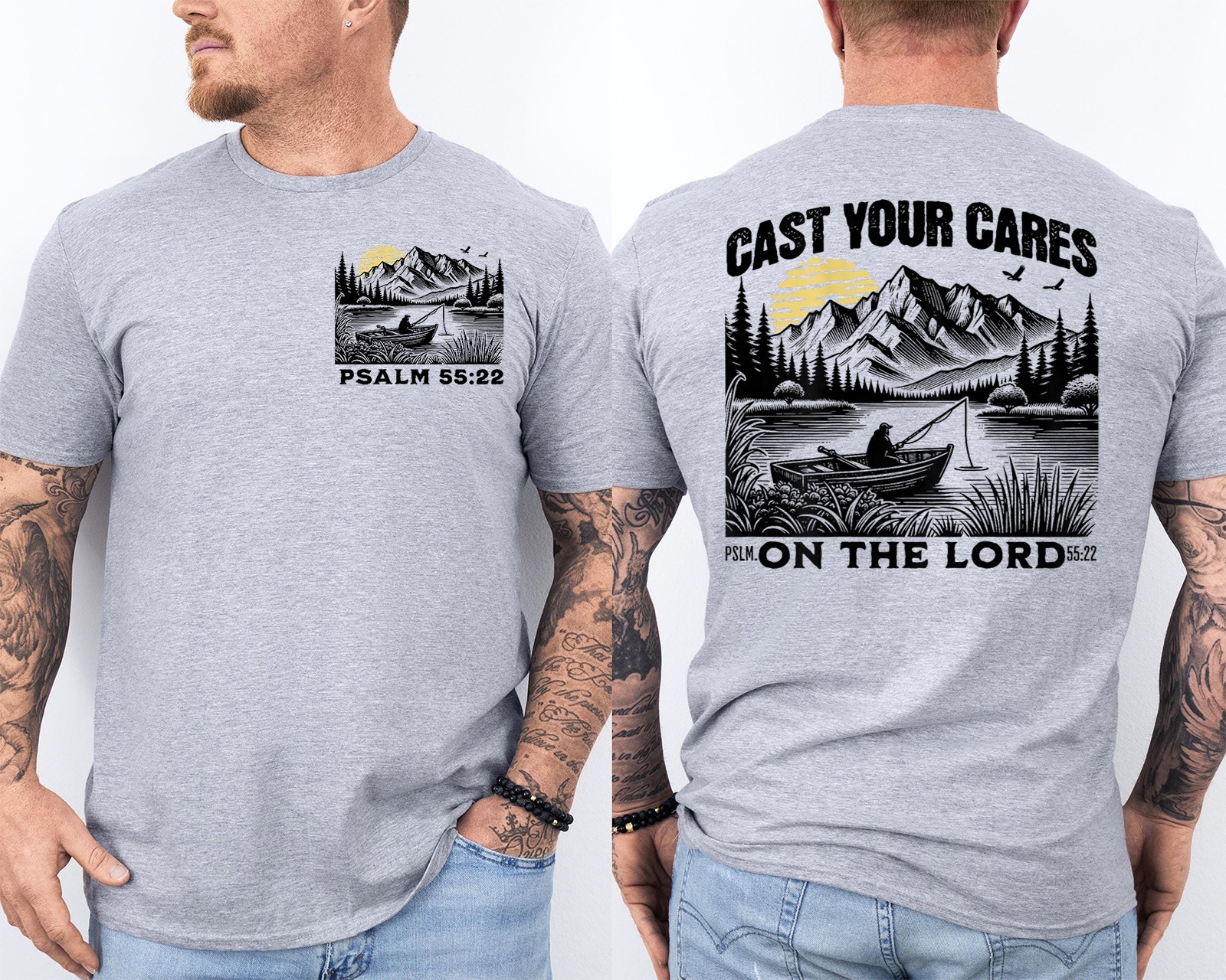 Cast Your Cares On The Lord, Psalm 55:22 Christian Fisherman 2 Sided T-Shirt