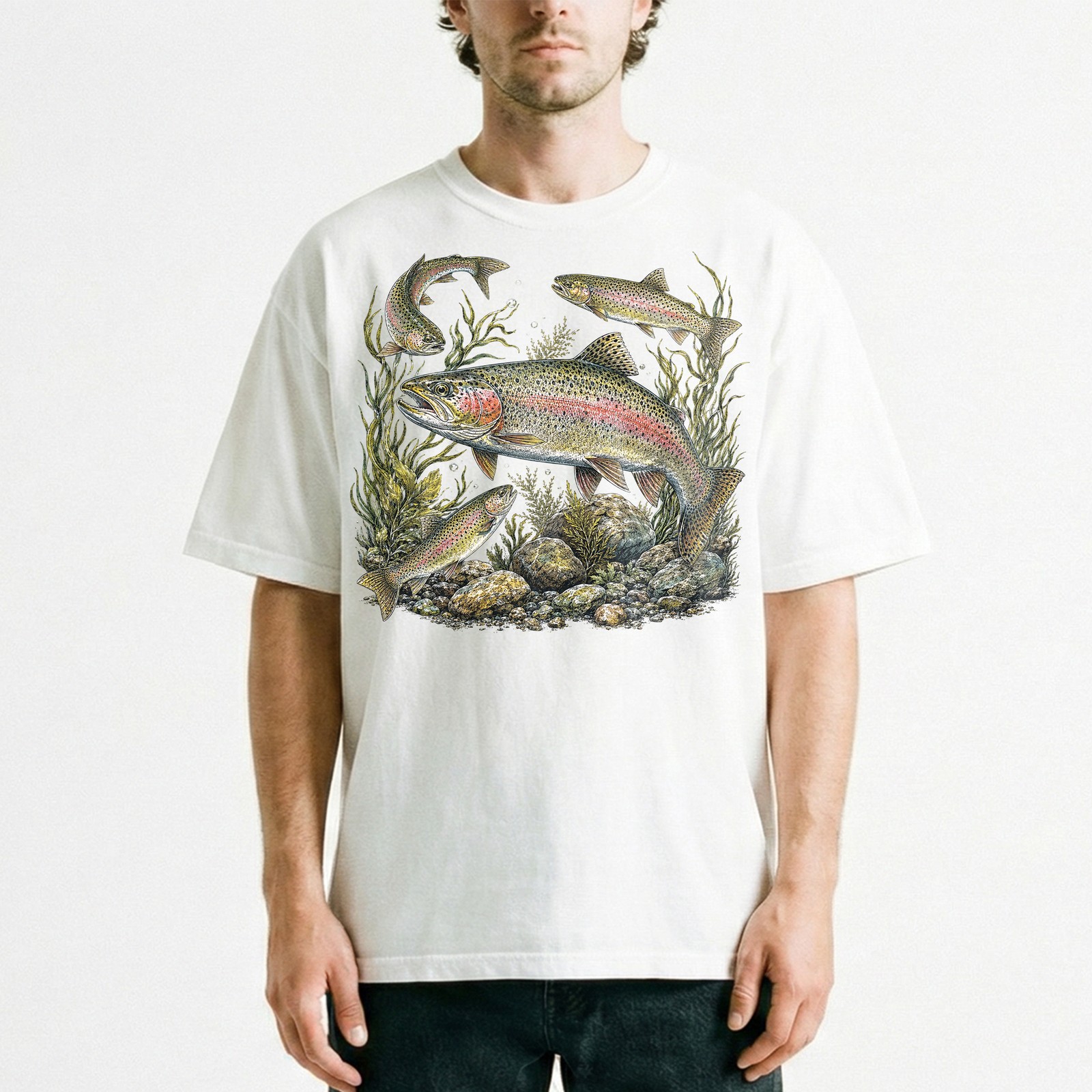 Vintage Rainbow Trout Fishing Fly Fisher Outdoor T-Shirt Nature Lover Tee