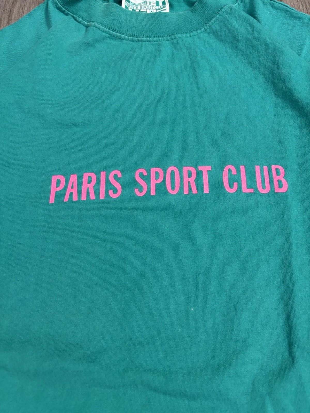 Men’s vintage Paris Sport Club teal tee with nice double graphic,L