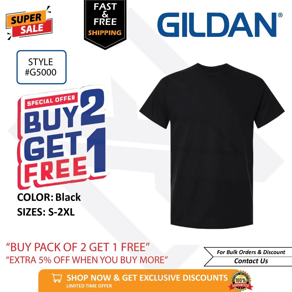 Gildan G500 Heavy Cotton Unisex T-Shirt Black Blank Tee S-2XL Buy 2 Get 1 FREE!