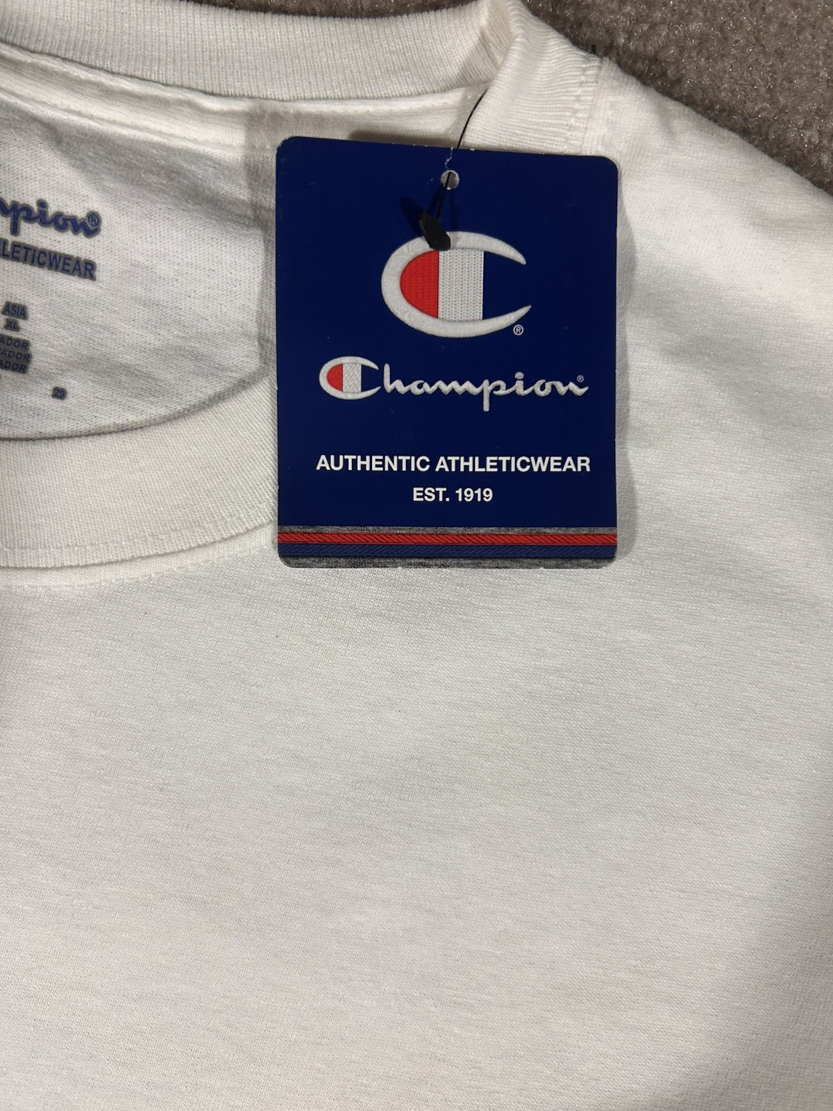 NWT Champion mens SS Classic Script Logo T Shirt White/Blue Logo