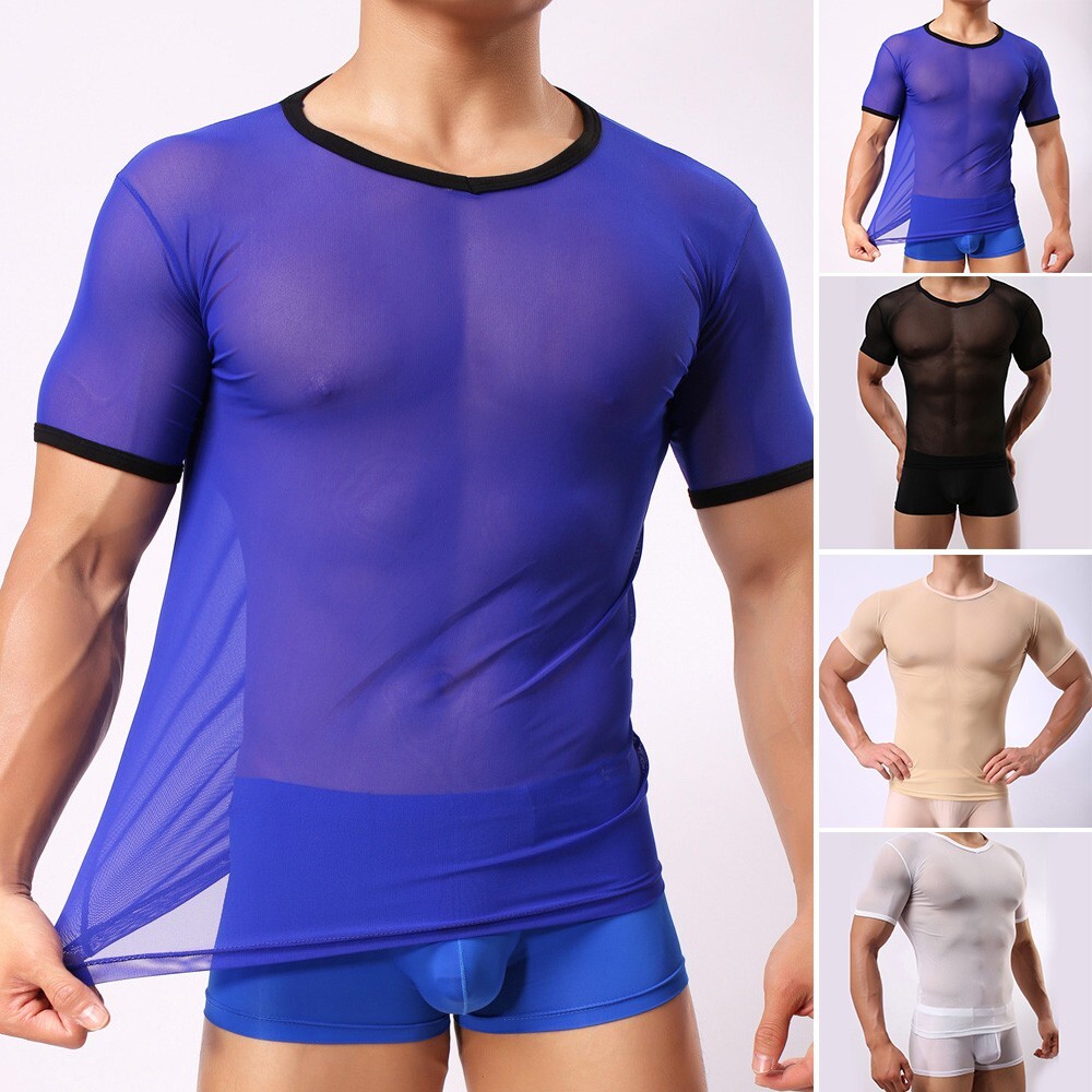 Fit T-Shirt Men Short Sleeve Top Tee Gym Stylish Short Sleeve Mesh Sheer Muscle