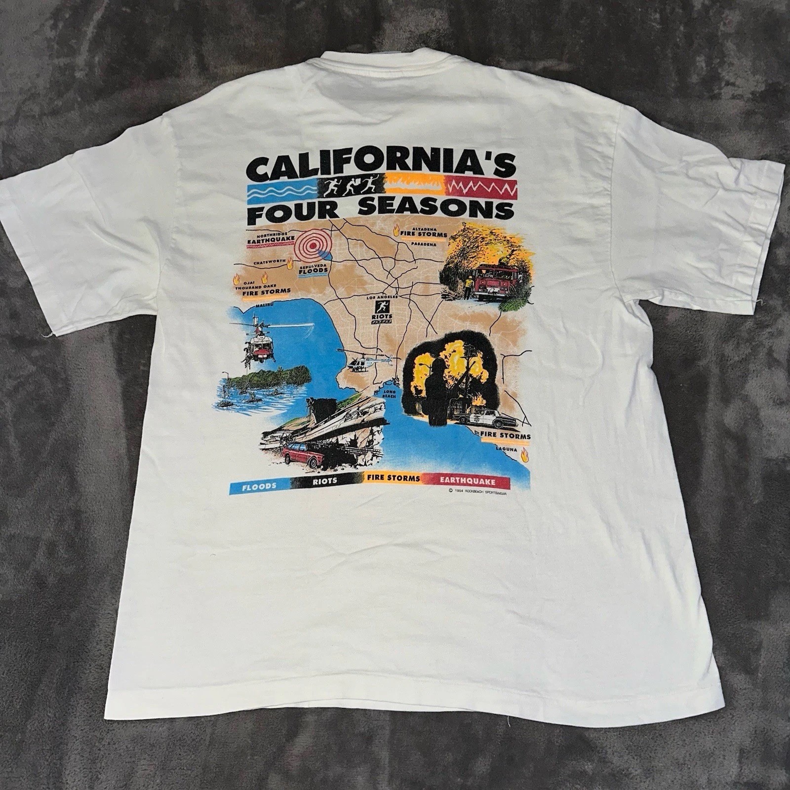 VTG 1994 California Four Seasons White Shirt Size L Single Stitch Floods Riots
