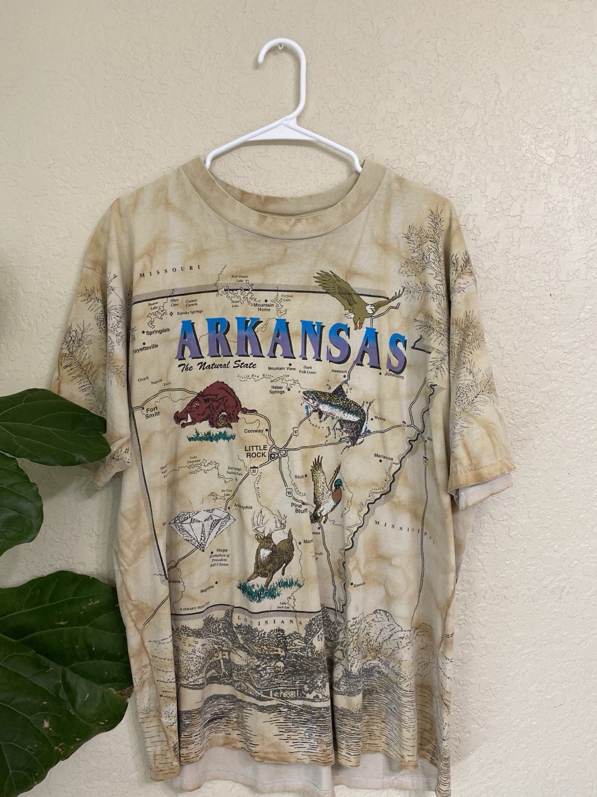 Gildan Arkansas The Natural State Map Graphic T-Shirt Beige XL Crew Neck