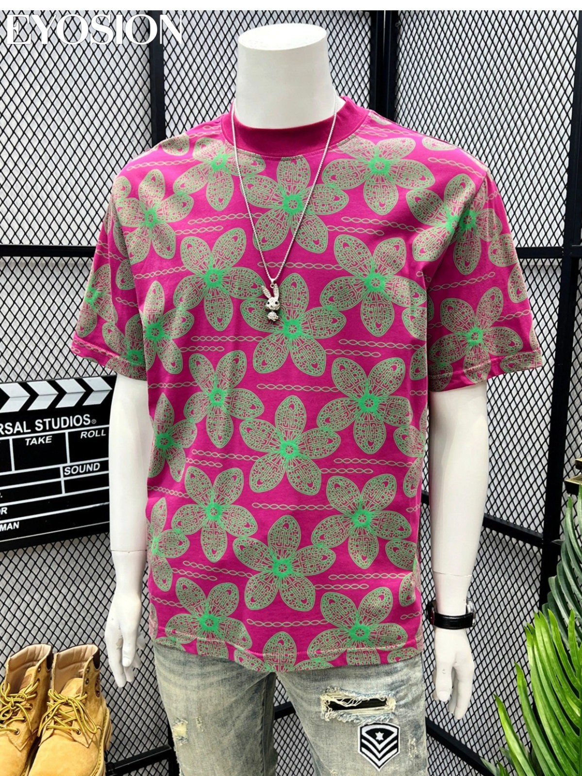 Men’s Pink Floral Print T-Shirt Casual Short Sleeve Cotton Crew Neck Summer Tee