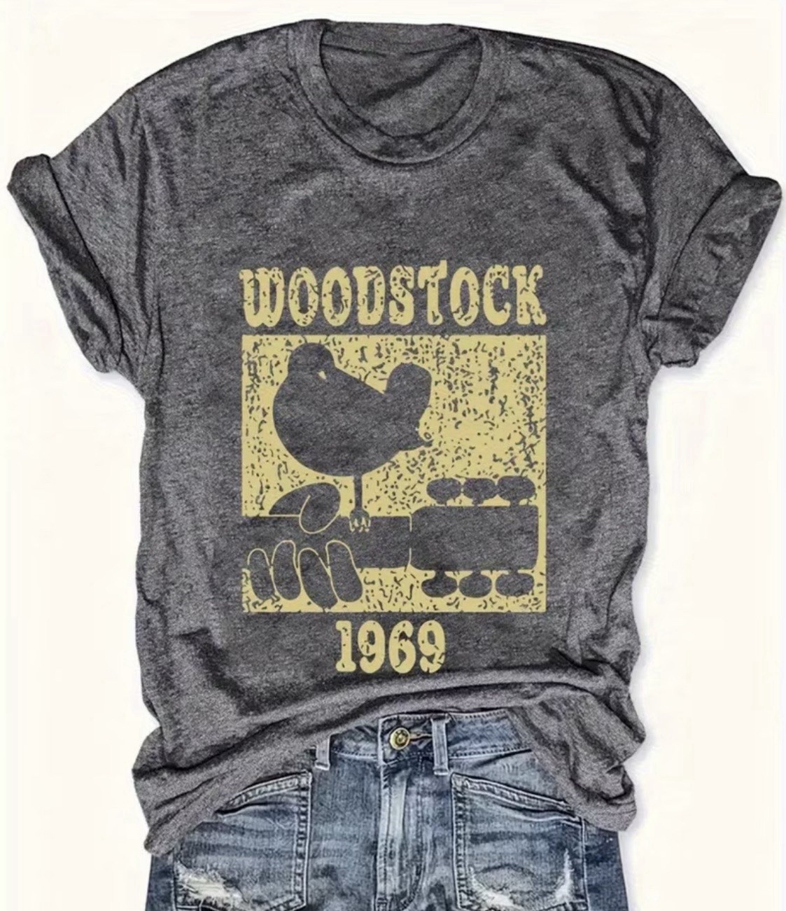 Large. Gray Woman’s Woodstock T-Shirt Polyester NEW Shipping Included