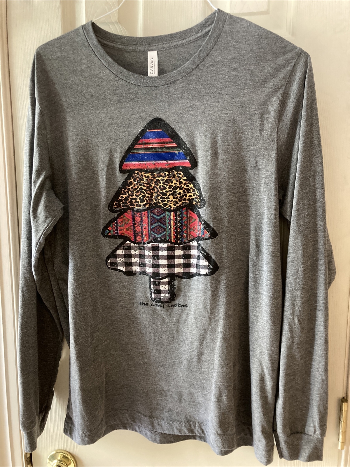 THE CORAL CACTUS (CHRISTMAS TREE) UNISEX GRAY LS POLY COTTON RAYON T SHIRT SZ LG