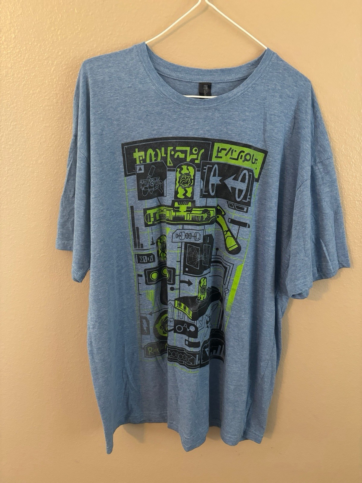 Mens XL RICK AND MORTY SCHEMATICS T-SHIRT Portal Gun Blue Neon Green Loot Crate