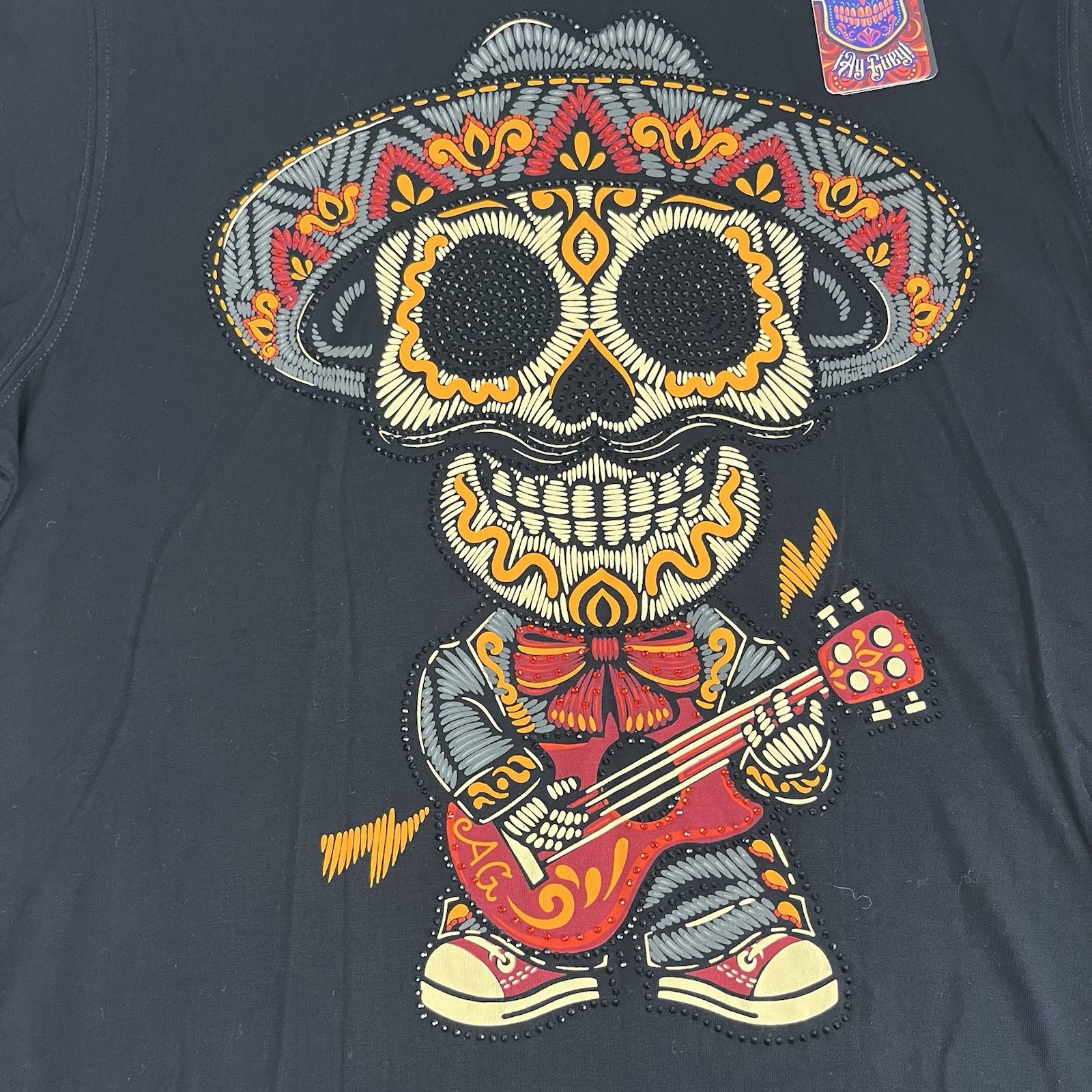 AY GUEY “Chapatin” Men’s Beaded Short Sleeve Tee Mexican Skull Mariachi Black XL