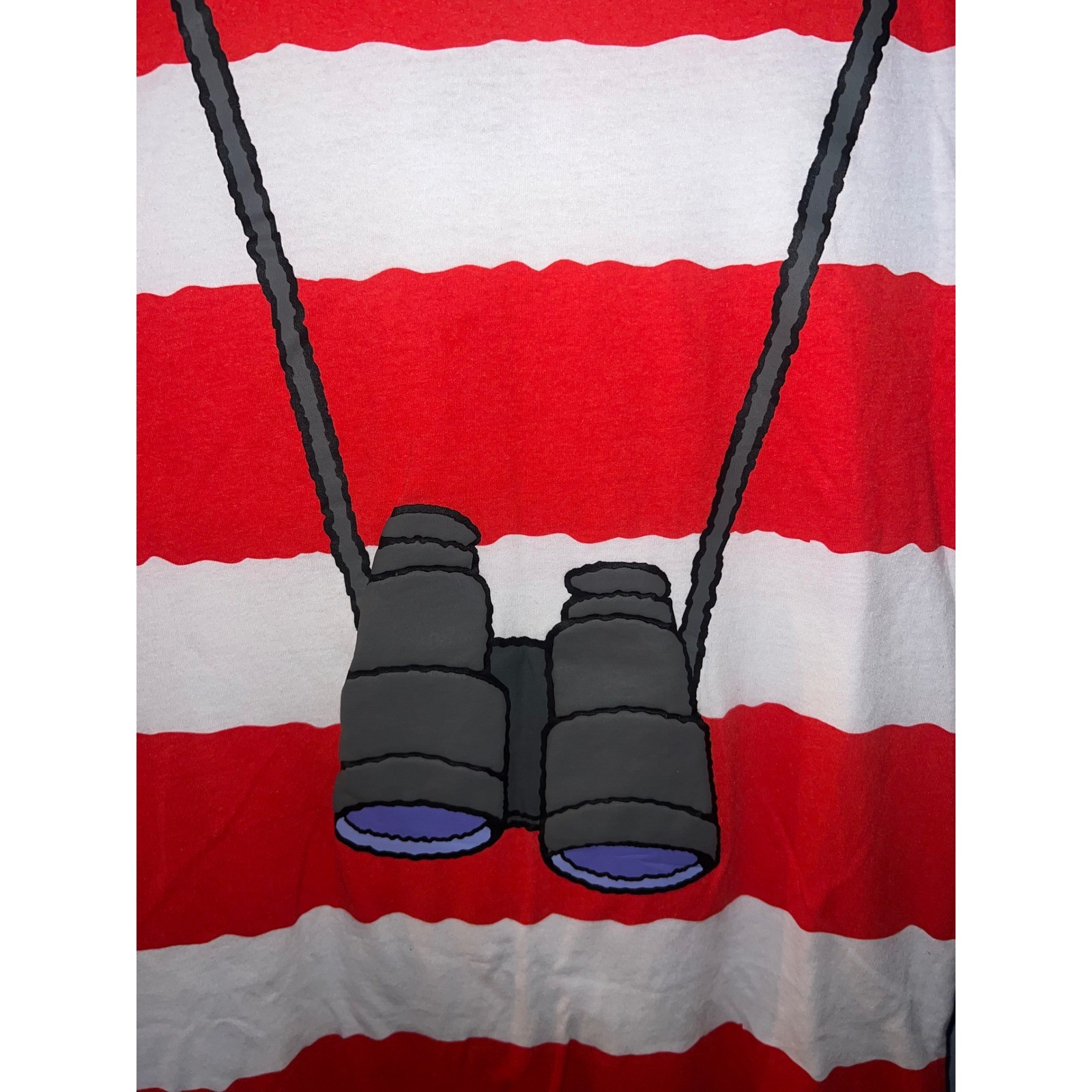 Wheres Waldo Mens Small Red White Striped Binocular Graphic T-Shirt Costume Tee
