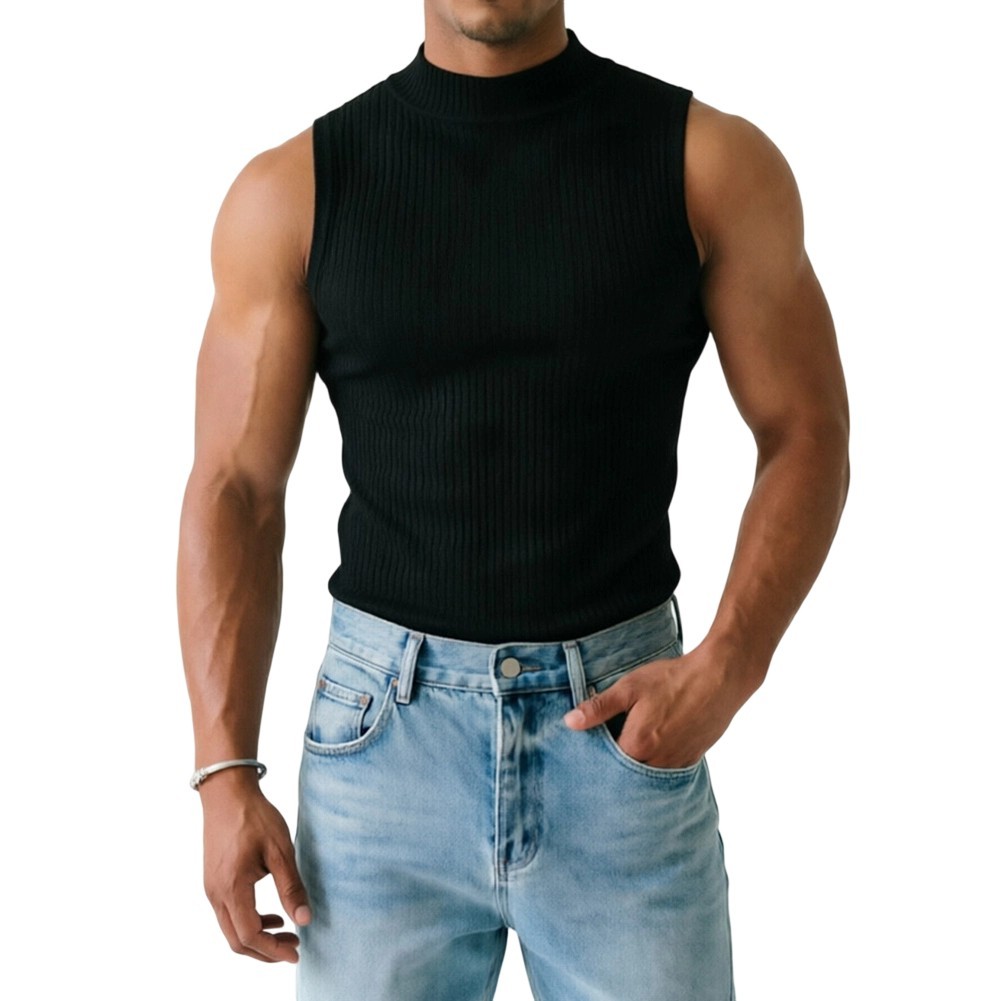 Men Ribbed Sleeveless Tank Top with Half Turtleneck Neckline Casual Vest