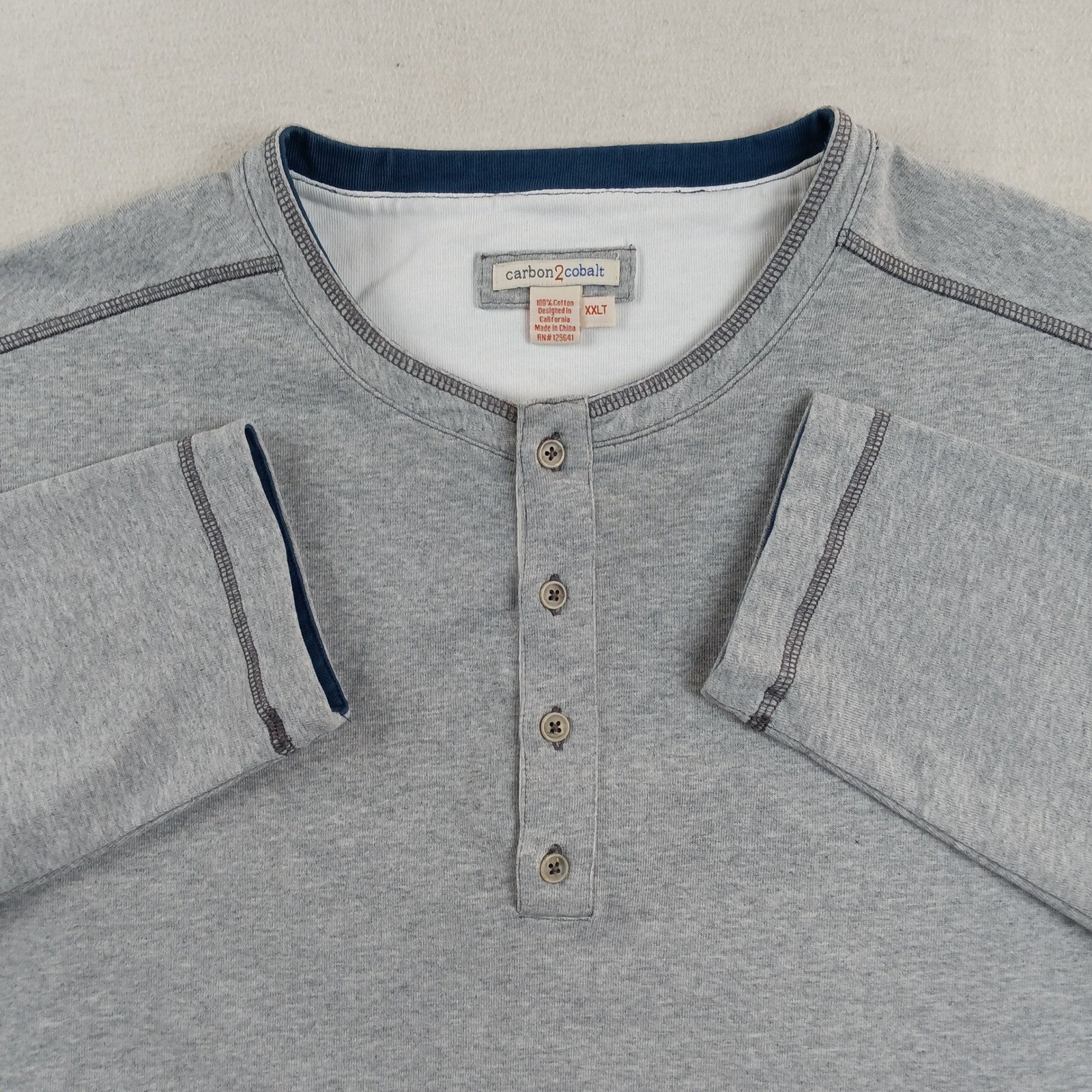 Carbon2Cobalt Mens XXLT Gray Long Sleeve Heavyweight Cotton Henley Shirt Tall