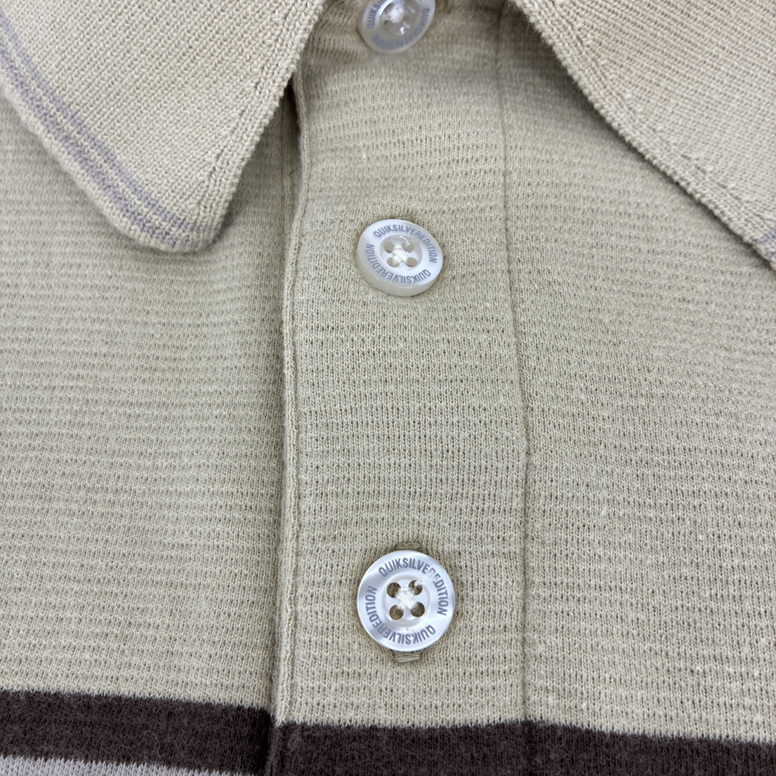 Vintage Quiksilver Polo Shirt Men Medium Beige Striped Ribbed Edition Surf Y2K