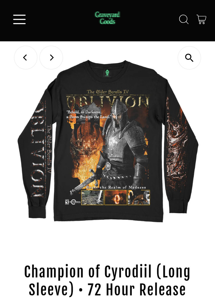 Graveyard Goods Large Long Sleeve Tee Oblivion Champion of Cyrodiil Never Worn