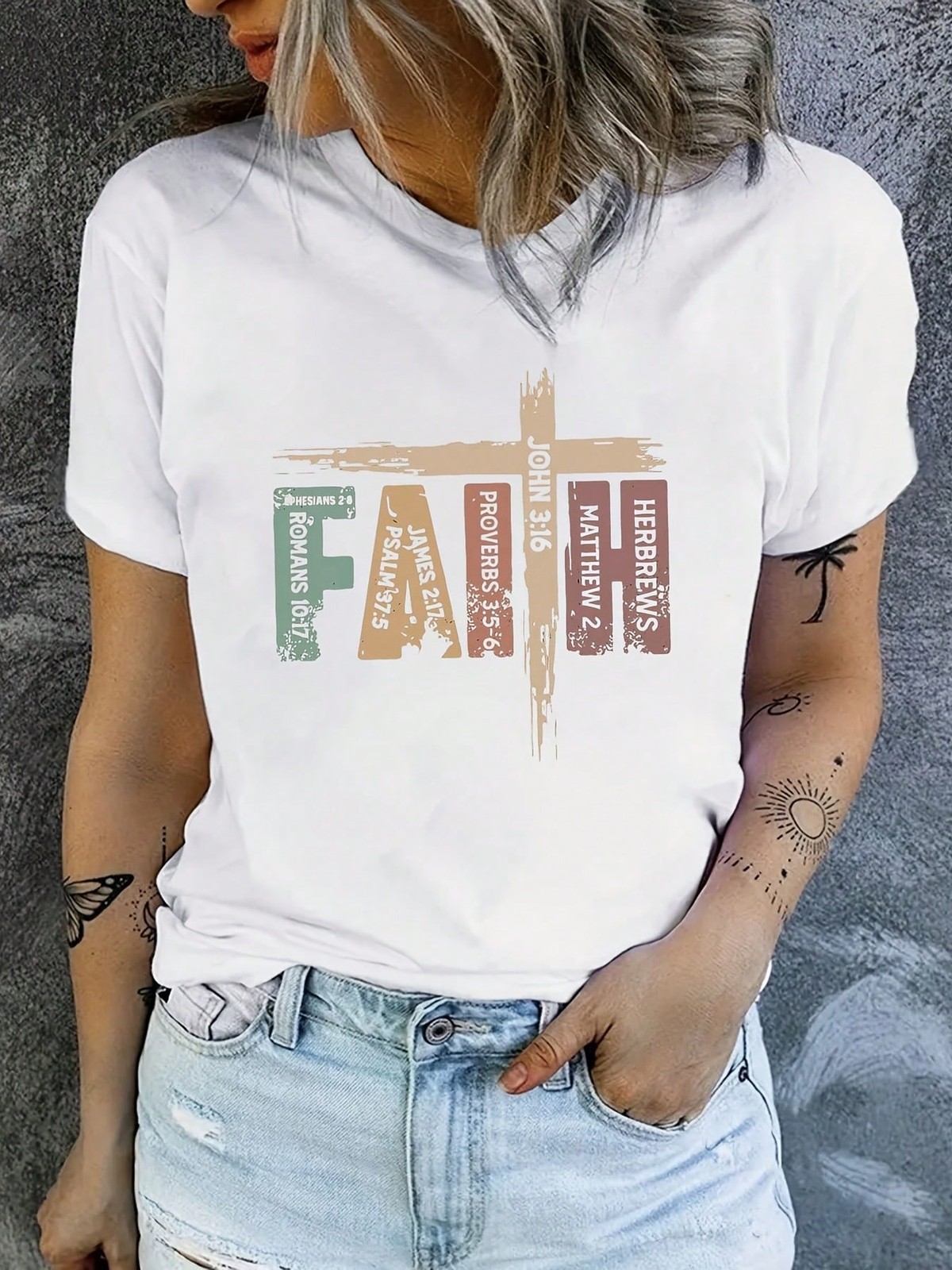 Faith Cross Bible Verse Women’s Christian Spiritual Inspirational Casual Tee