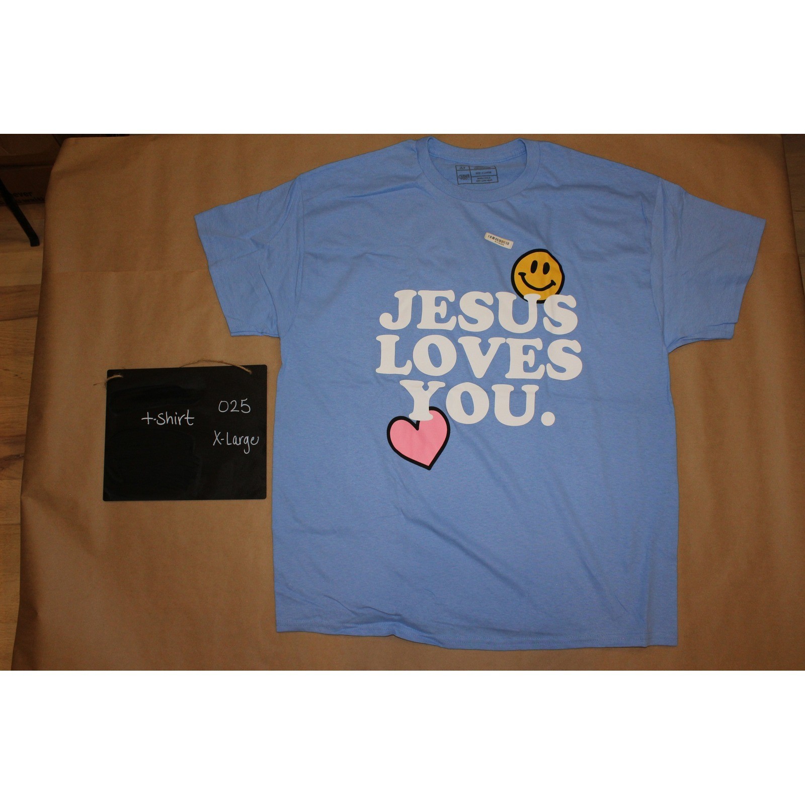 Jesus Loves You Graphic T Shirt XL Blue Smiley Face Heart Christian Tee