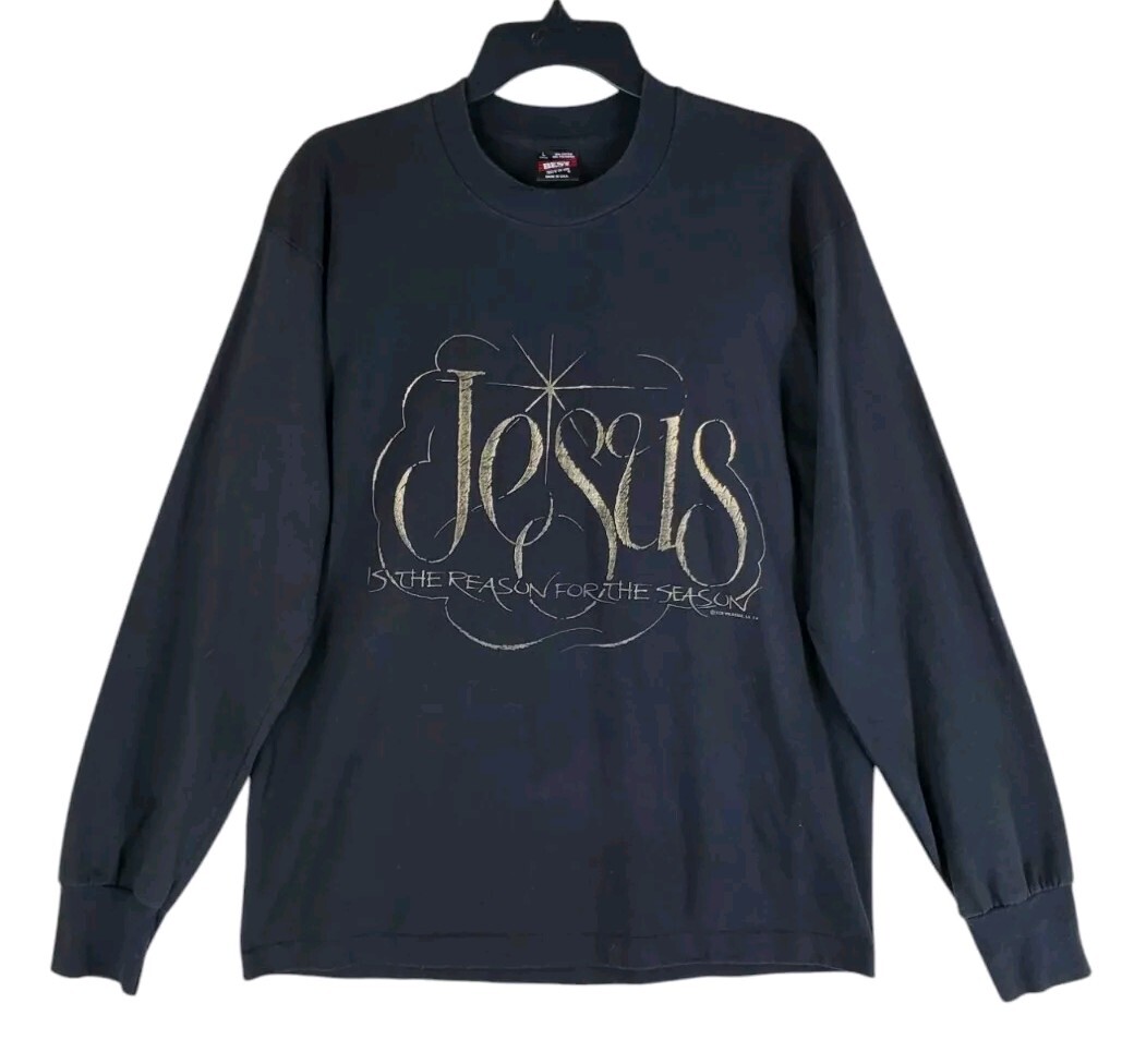 Vtg 90s Single Stitch Shirt Men L Black Gold “Jesus Reason For Season” Christmas
