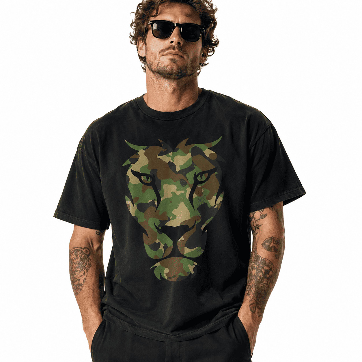 Camo Lion Head Graphic T-Shirt Military Camouflage Animal Print Tee