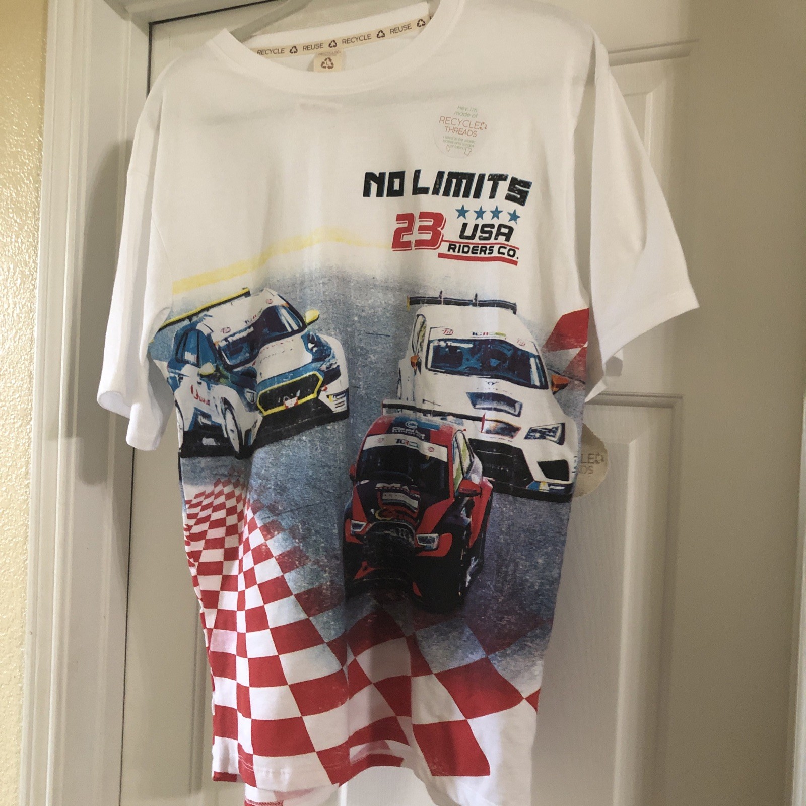 Race Car T Shirt Recycled Threads And Reusable Size Large New With Tags