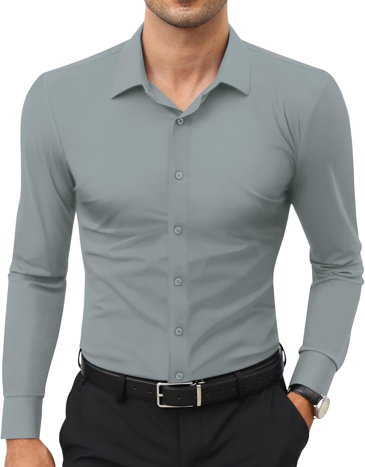 Stretch Slim Fit Wrinkle Free Long Sleeve Dress Shirt for Men Button Down