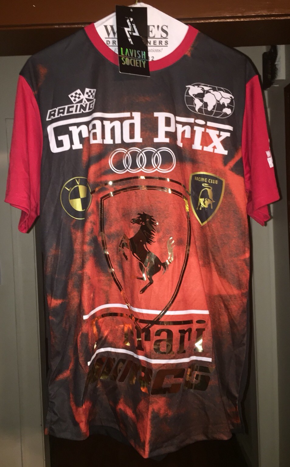 Lavish Society Men’s XL Metallic Foil Print Red Racing Jersey Shirt T-Shirt NWT