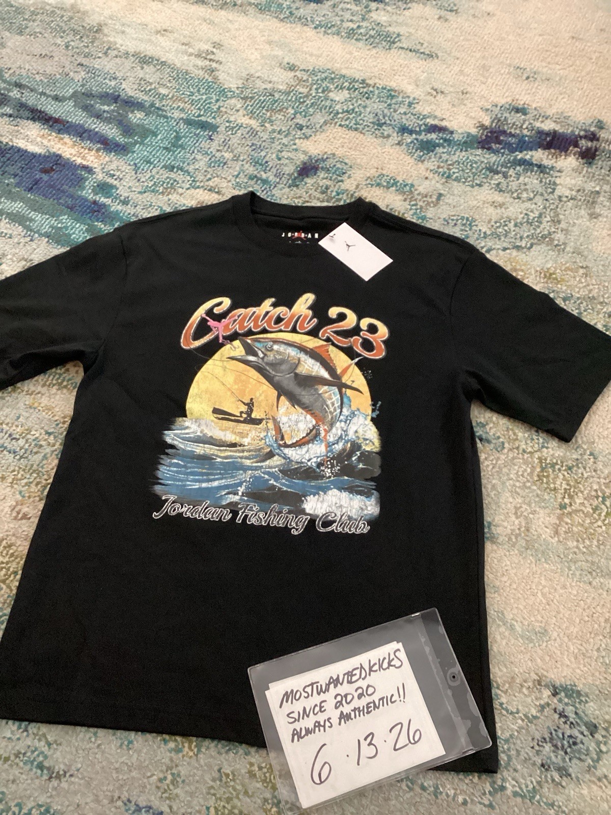 NWT Nike Air Jordan Graphic Fishing Club Catch 23 Black T-Shirt Men’s Sz S