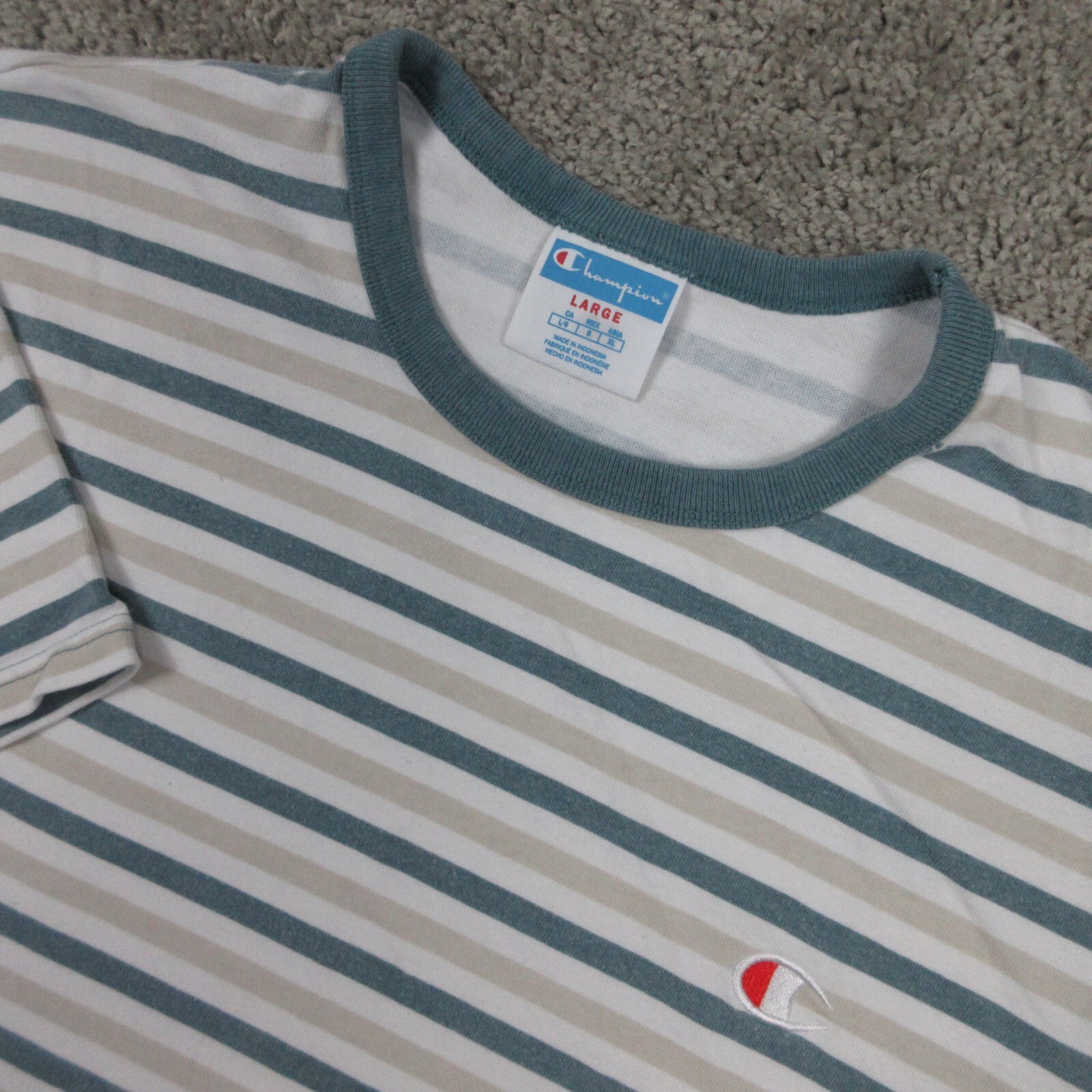 Champion Shirt Mens Large Green Striped Ribbed Collar Embroidered Logo Sport Tee