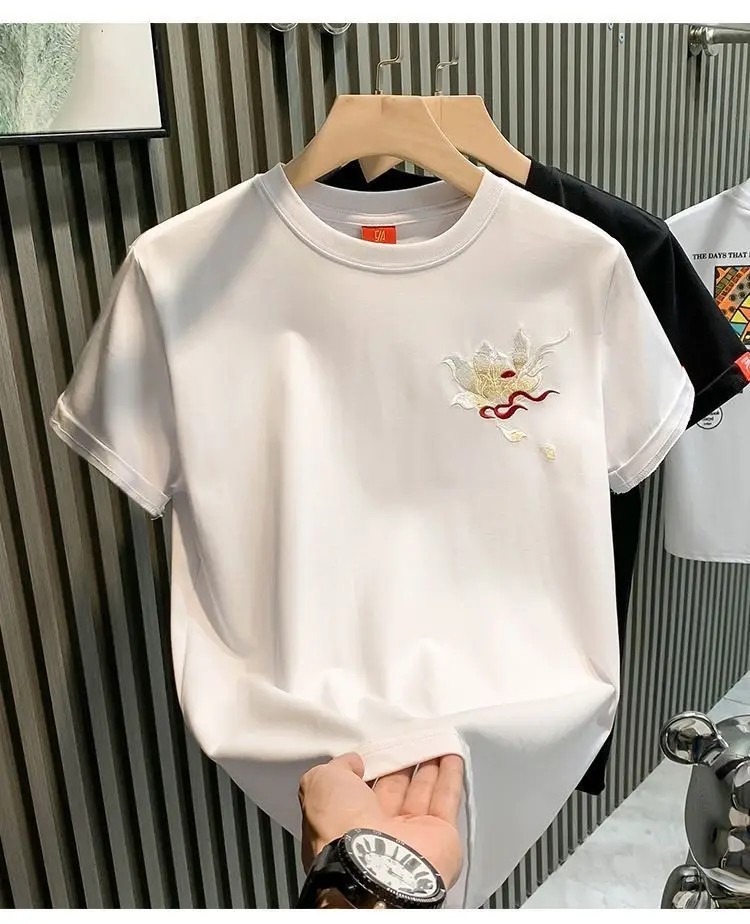 Men’s Mythical Dragon Kirin Embroidery Short Sleeve Casual Summer T-Shirt
