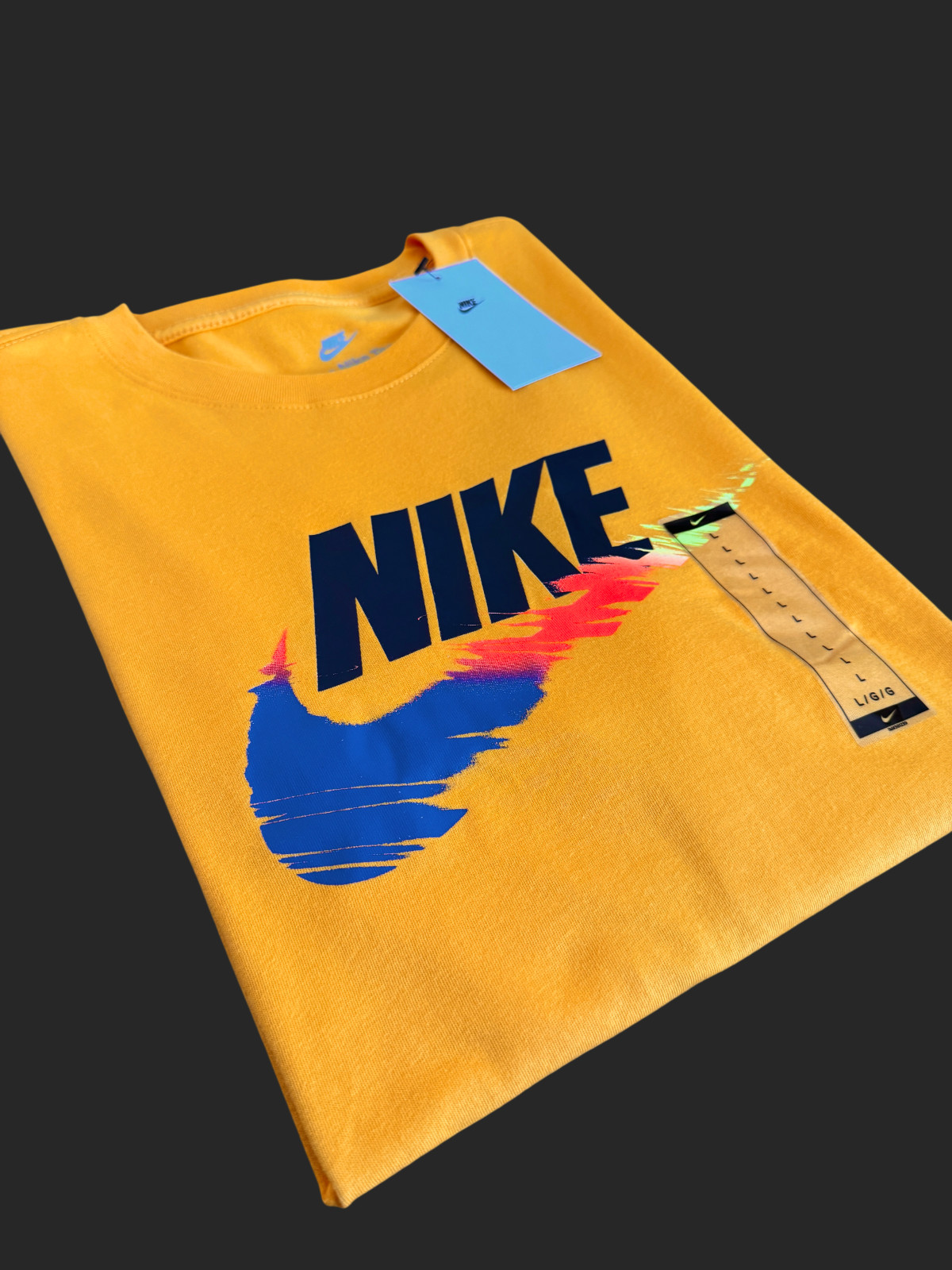 Nike Men Sportswear Graphic Sz Large T-Shirt Yellow Gold Multi Color Swoosh New
