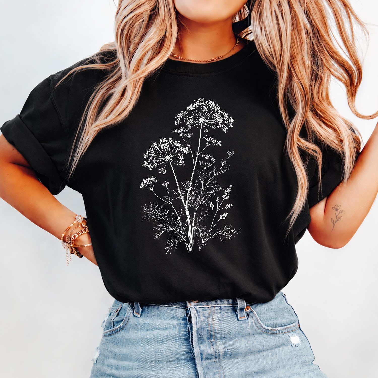 Botanical Dill Flower White Print Gardeners Holiday Minimalist Black Art Shirt