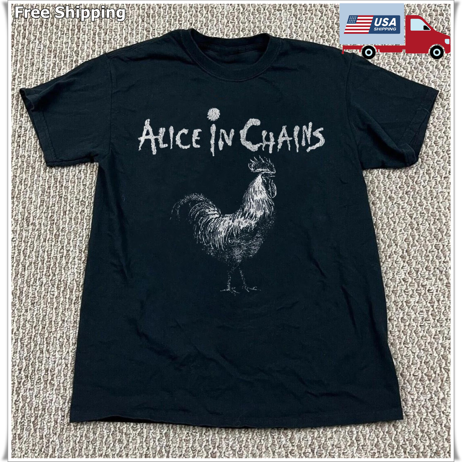 Alice In Chains Rooster Unisex Black Cotton T-shirt, Size S-5XL