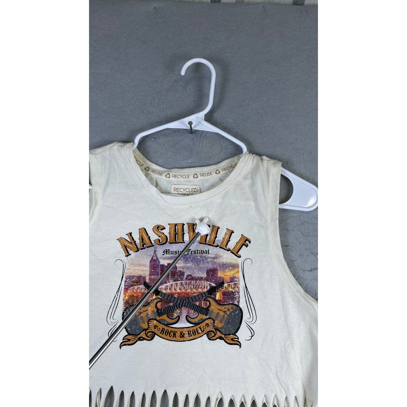Recycled Threads Tank Top Mens Medium Cream Good Nashville Music Festival Fringe