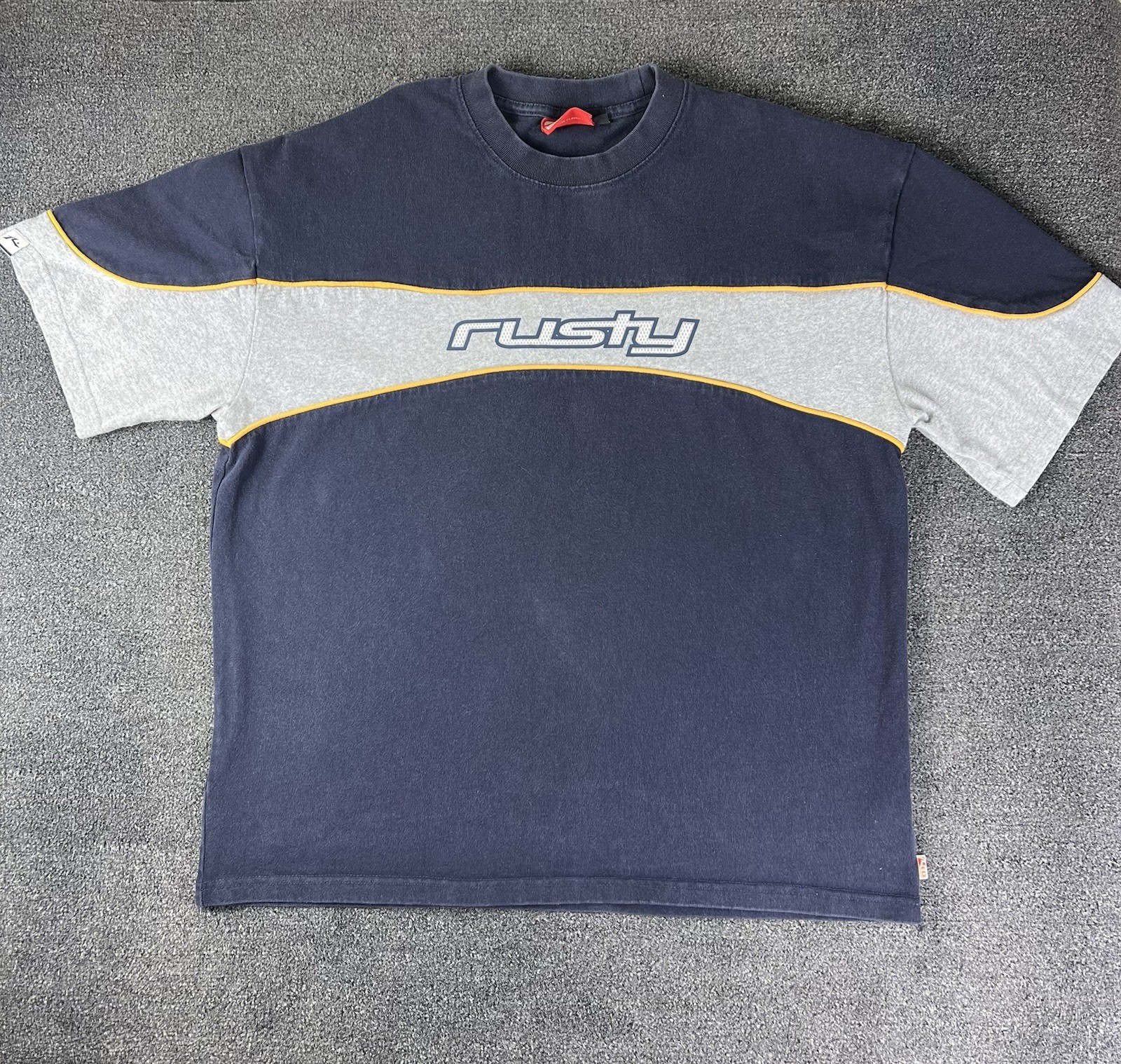 Rusty Men’s M Navy/Gray/Yellow Colorblock Logo Crew Neck Short Sleeve T-Shirt