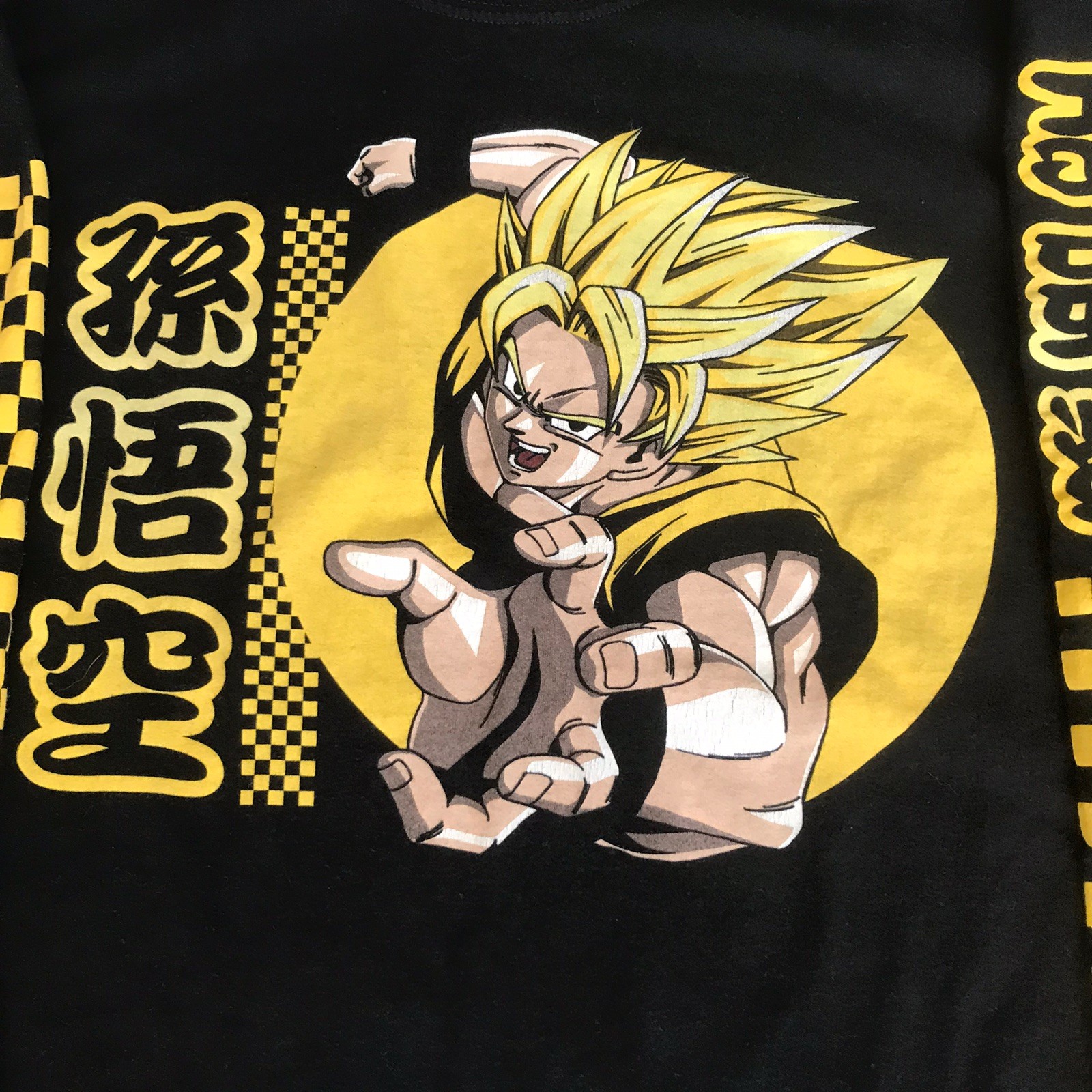 Dragon Ball Z Shirt Large Long Sleeve Tee Black Yellow Checkered Print