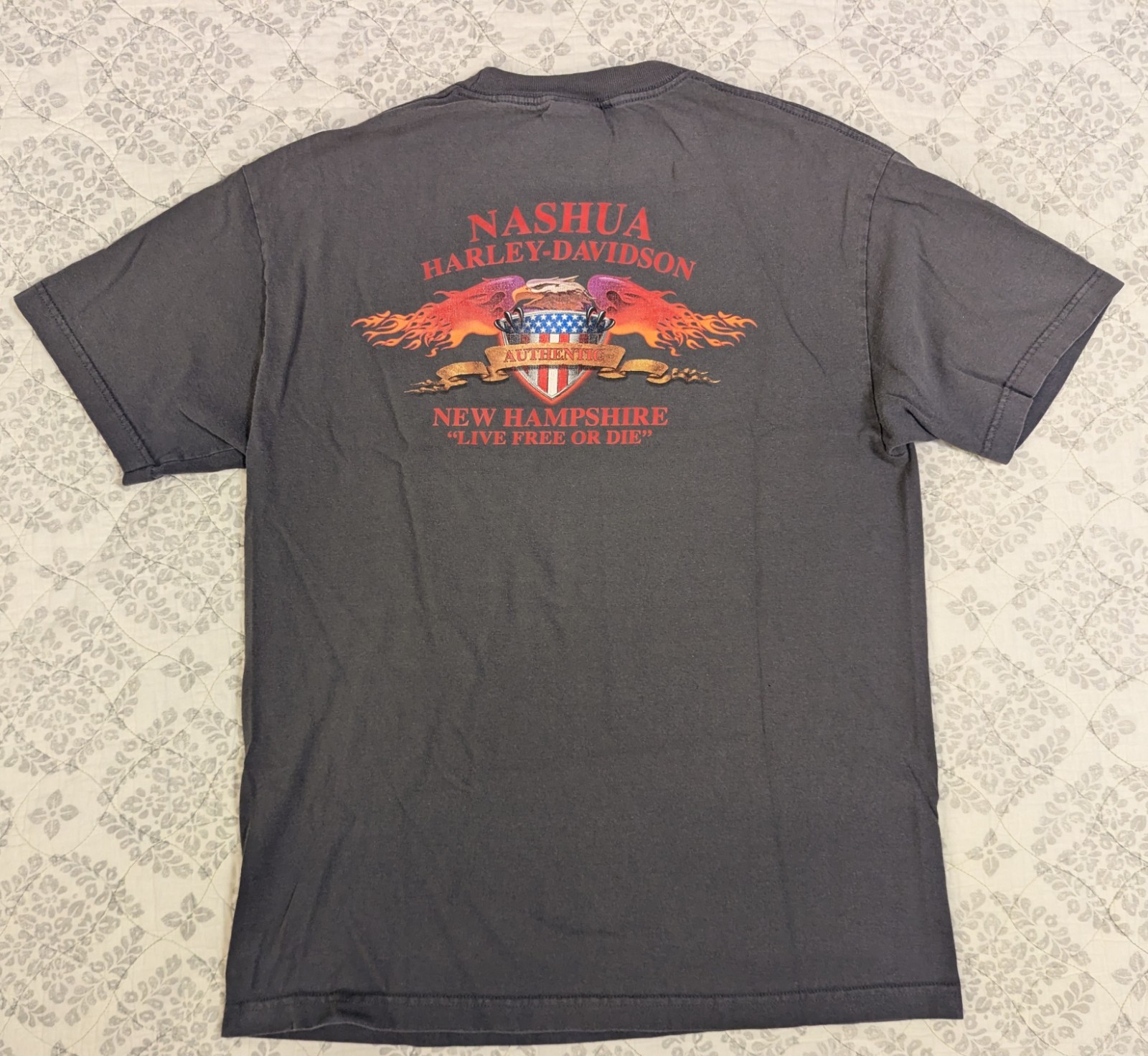 Y2K Harley Davidson Mens L T-Shirt Gray Eagle Skull Flames Faded Patriotic