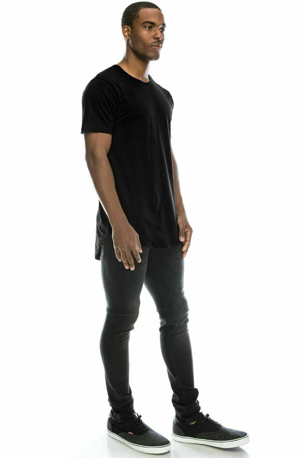 Mens BASIC HIPSTER T Shirts Casual Extended Longline Back Hip Hop Hemline Tee