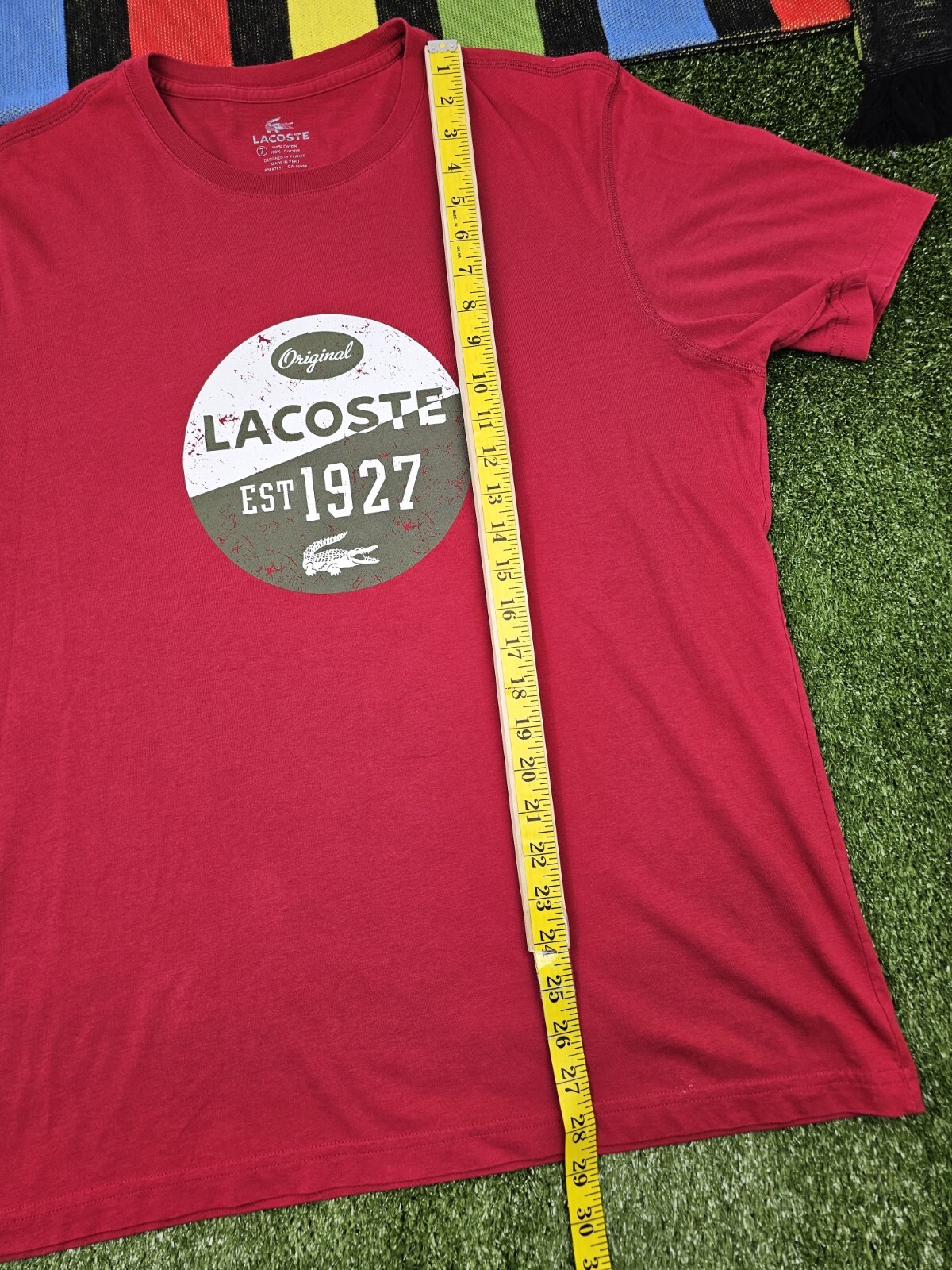 Lacoste men crewneck graphic tshirt size L 7 red vintage style logo cotton peru