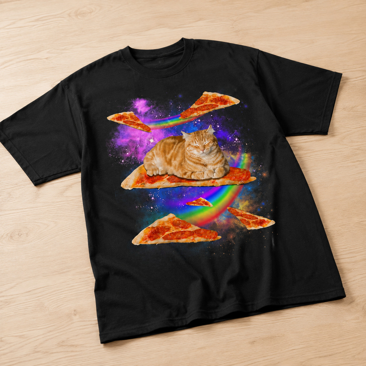 Funny Galaxy Cat Riding Pizza T-Shirt Space Rainbow Graphic Tee Men’s S-5XL
