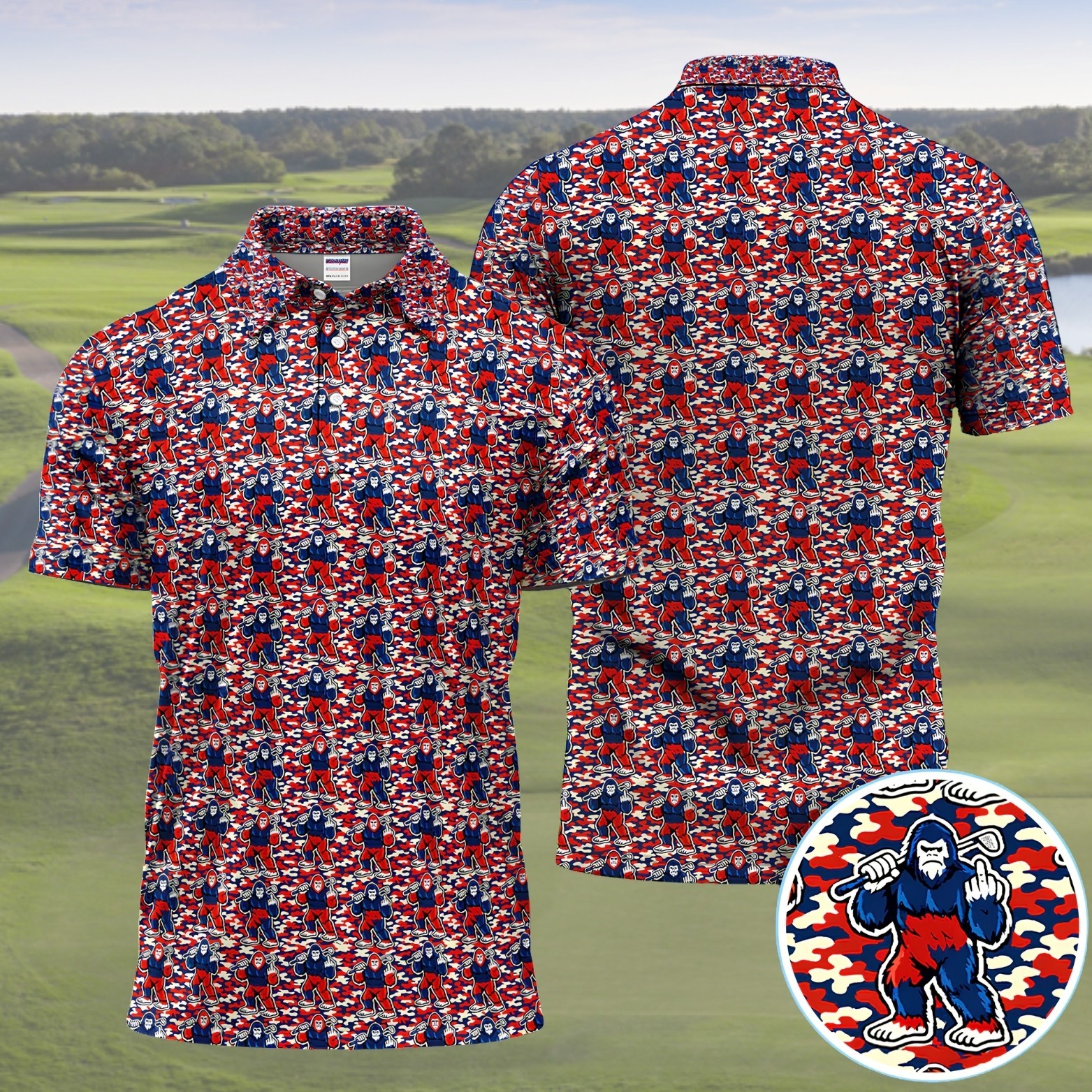 Patriotic Bigfoot Golf Shirt, Red White Blue Camo Sasquatch Polo Top (S-5XL)