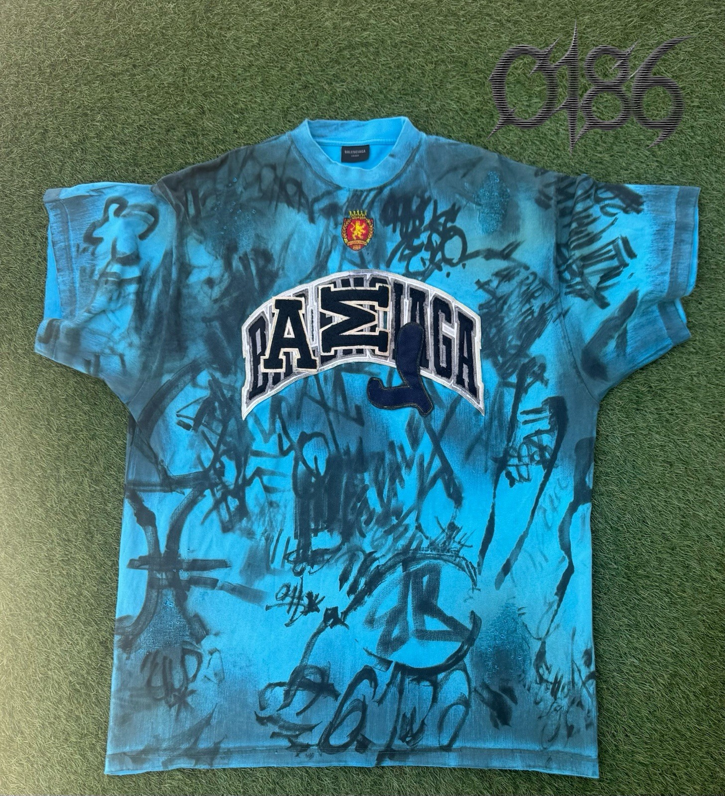 Balenciaga Blue Graffiti Paris Logo Cotton Jersey Crew Neck T-Shirt Size 3